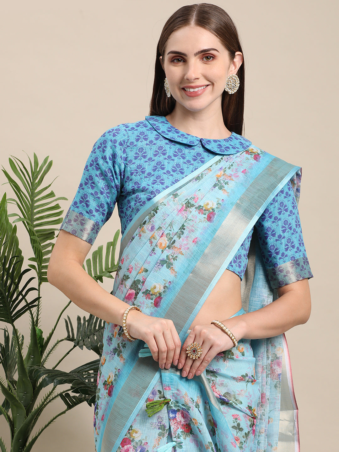 Sky Blue Linen Soft Printed Designer Saree