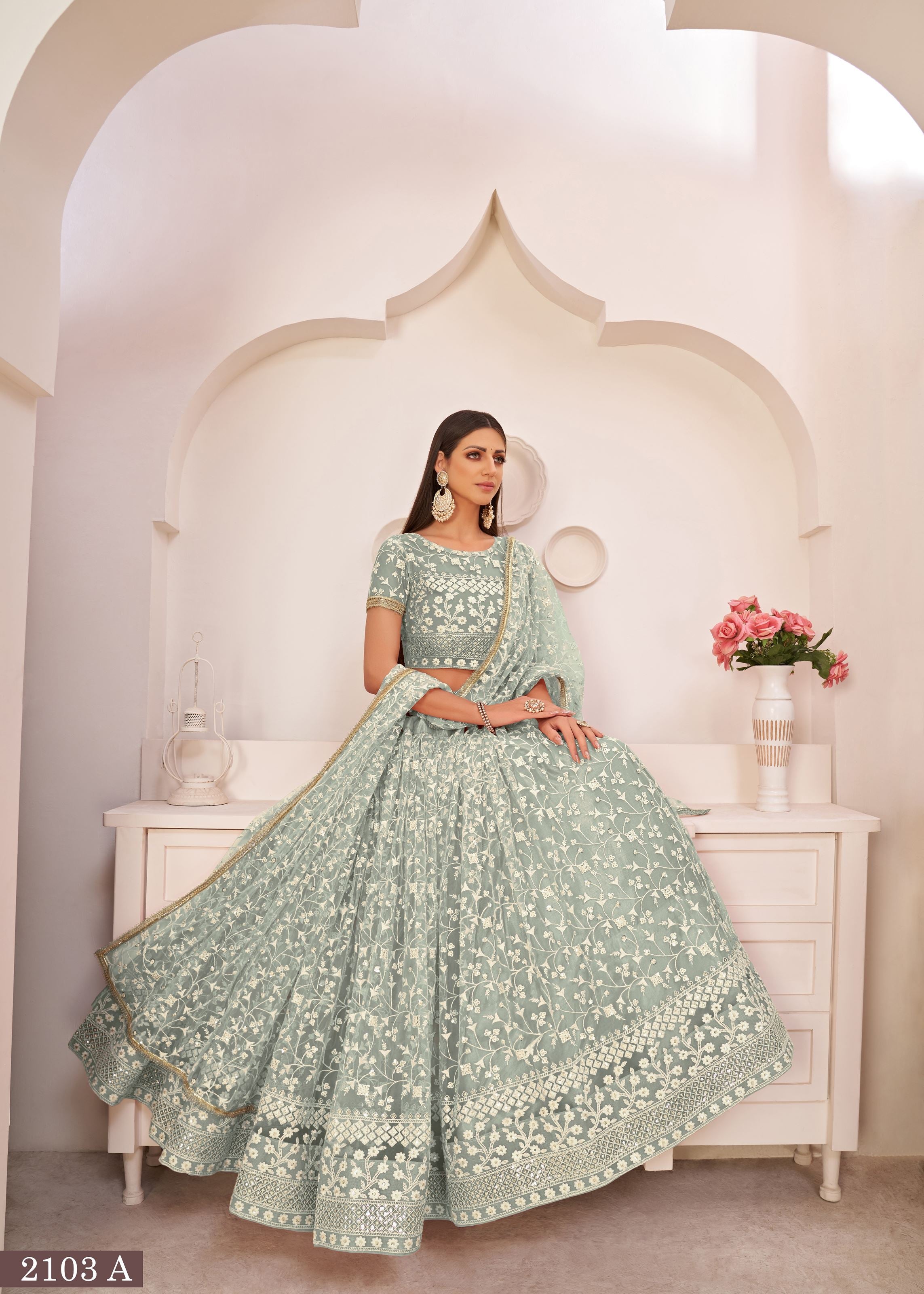 Green Net Lehenga Choli With Thread And Zari Sandwich Sequence Embroidery Work