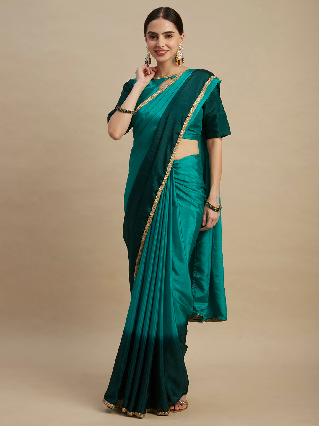 Elegant Green Chinon Silk Saree With Embroidery And Sequins Work