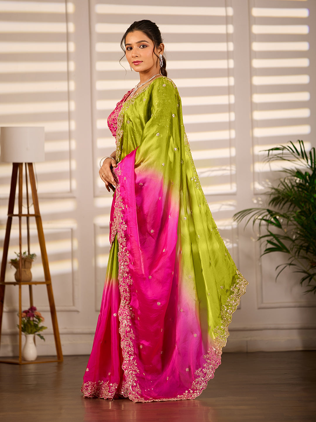 Green Pink Dual Tone Satin Silk Saree With Sequins Work