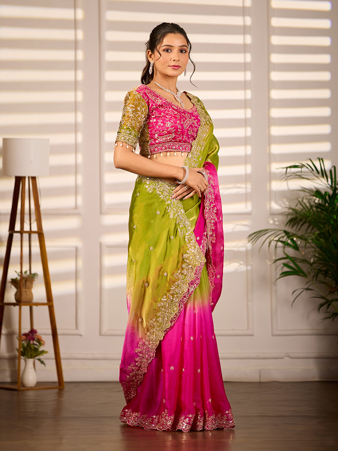 Green Pink Dual Tone Satin Silk Saree With Sequins Work
