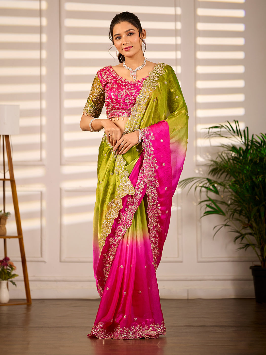 Green Pink Dual Tone Satin Silk Saree With Sequins Work