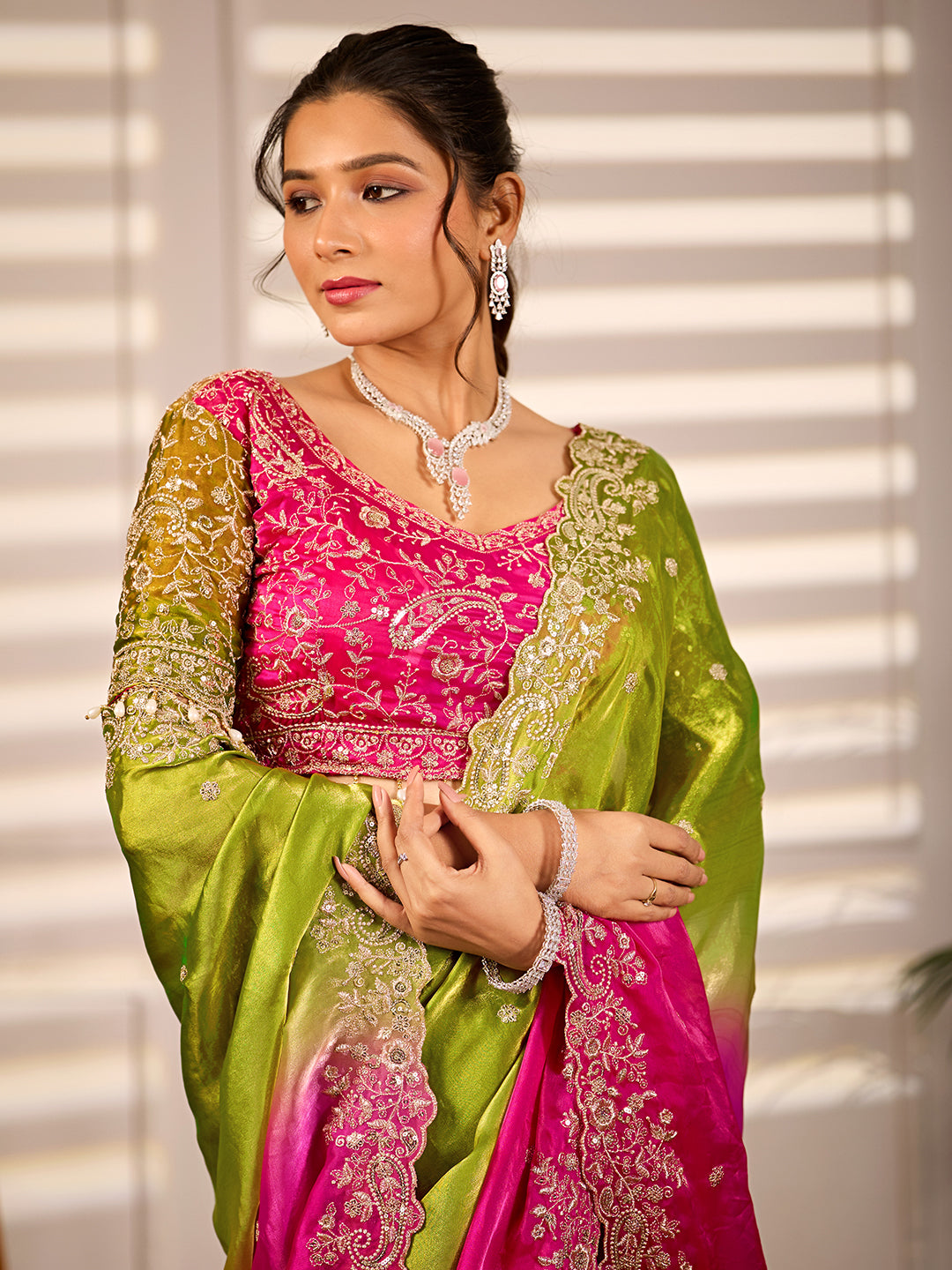 Green Pink Dual Tone Satin Silk Saree With Sequins Work