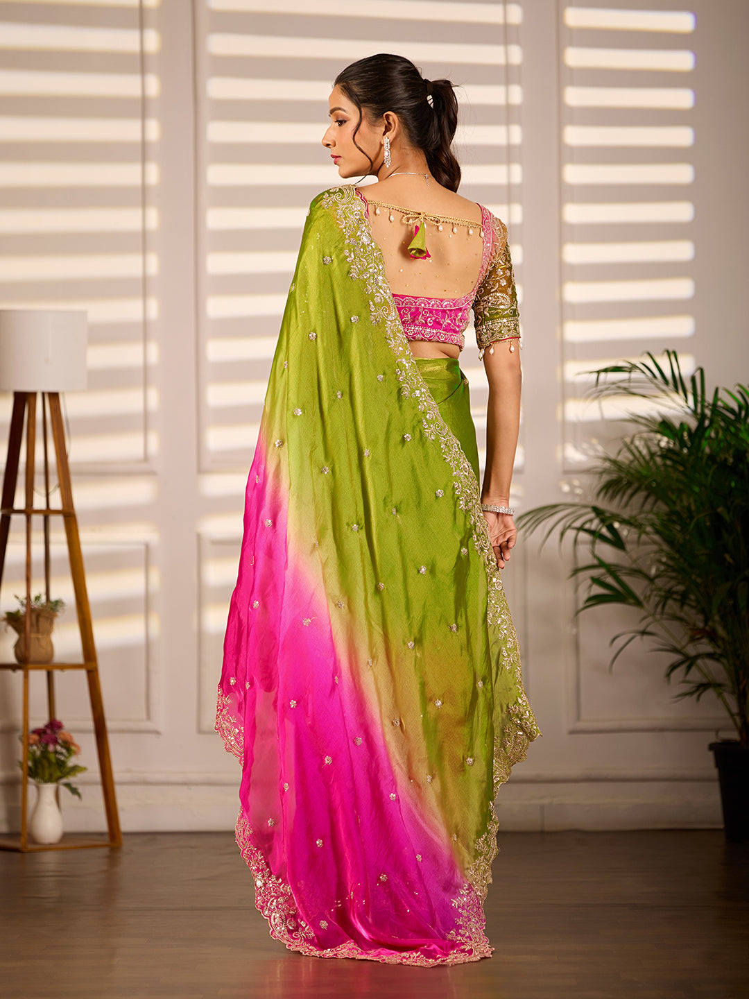Green Pink Dual Tone Satin Silk Saree With Sequins Work