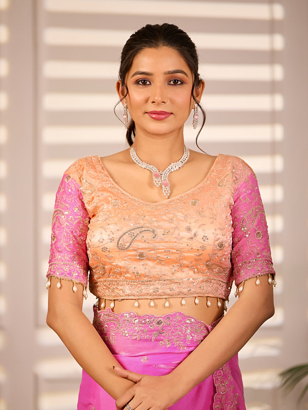 Peach Pink Satin Silk Designer Party Wear Saree