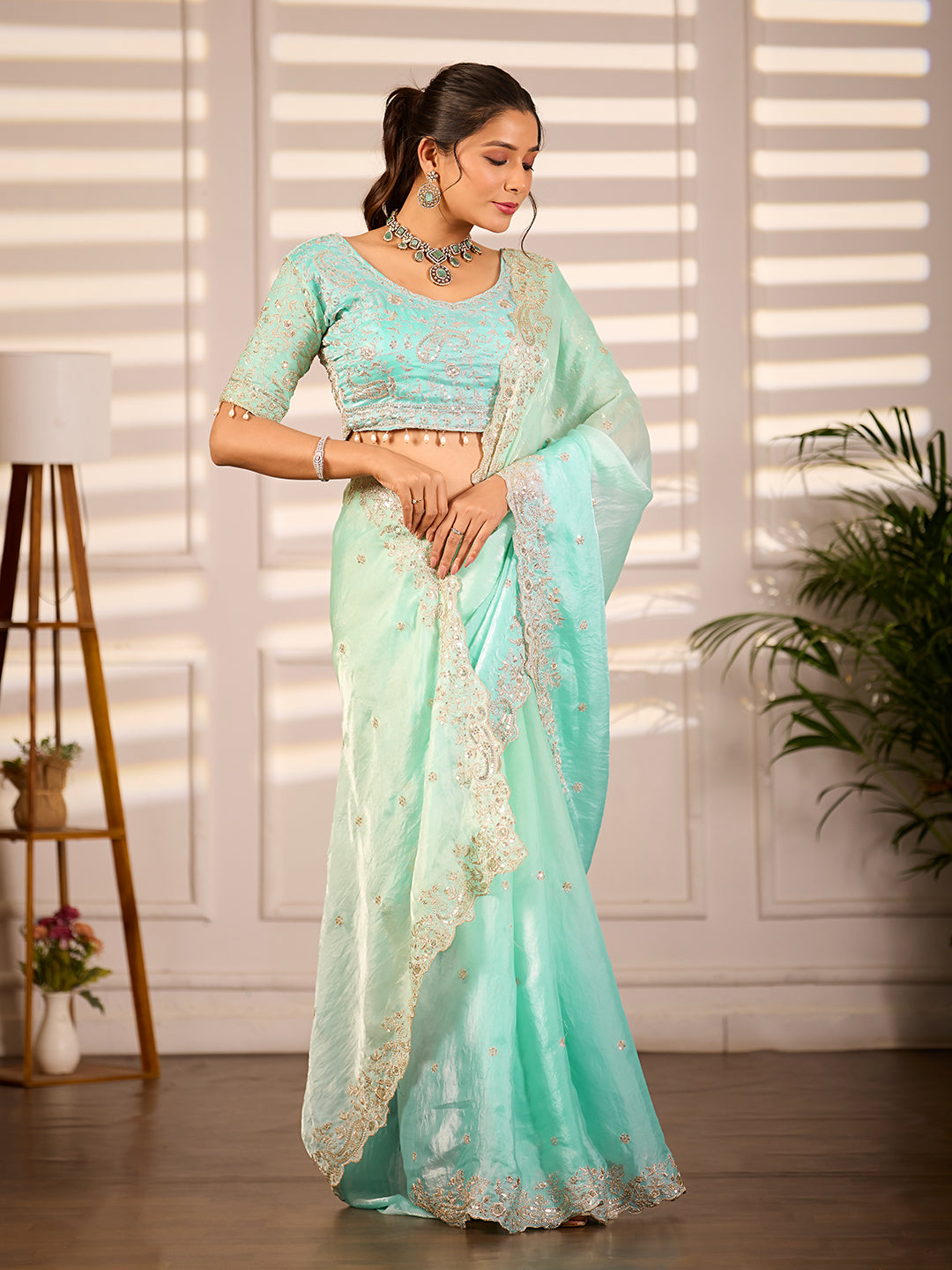 Blue Green Dual Tone Satin Silk Party Wear Saree With Sequins Embroidery