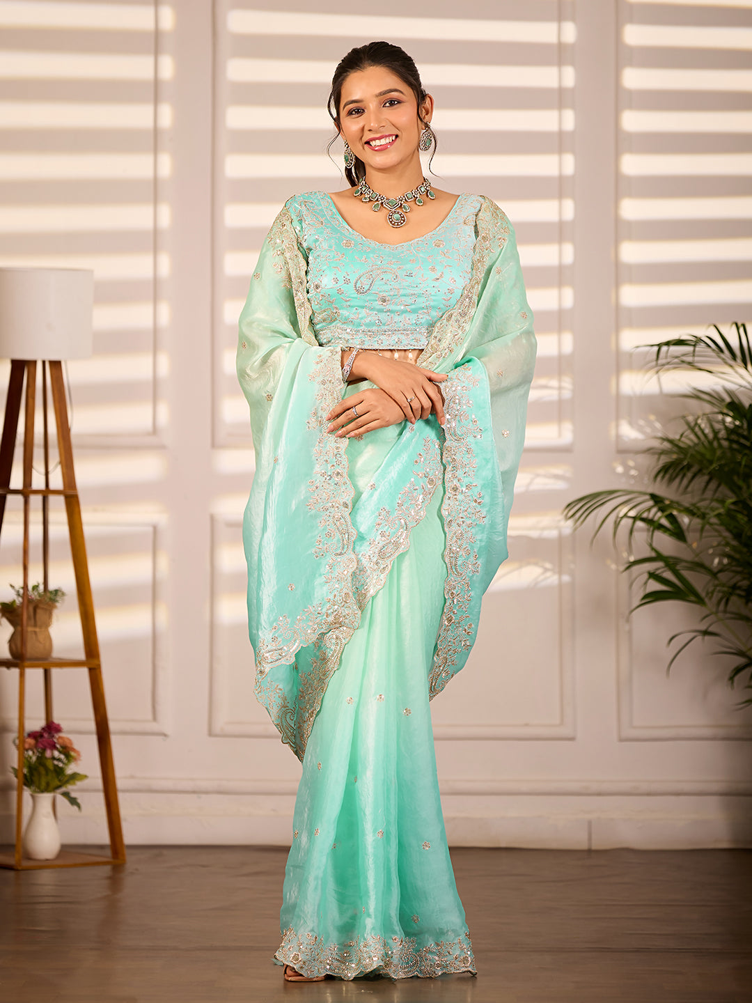 Blue Green Dual Tone Satin Silk Party Wear Saree With Sequins Embroidery
