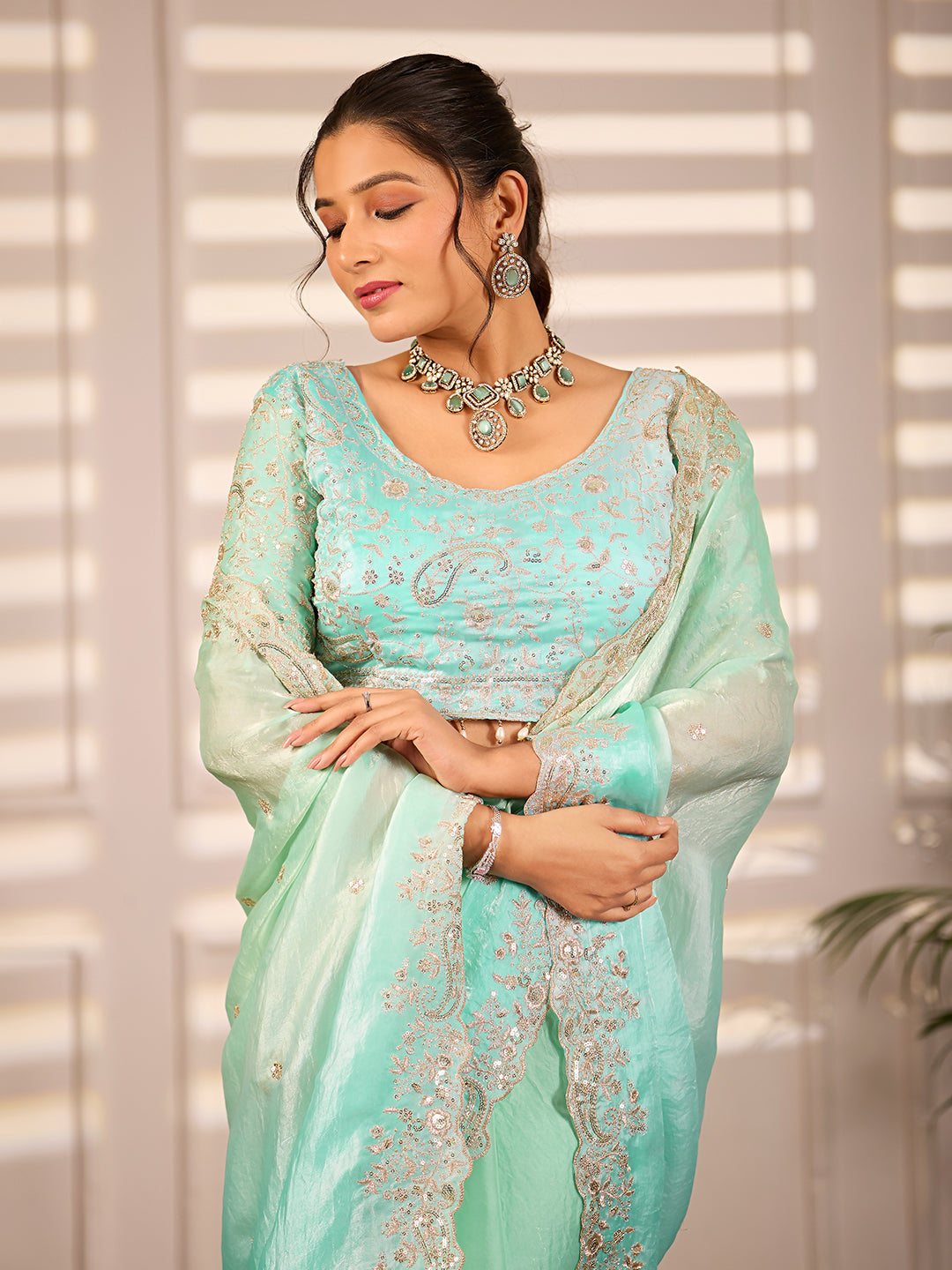 Blue Green Dual Tone Satin Silk Party Wear Saree With Sequins Embroidery