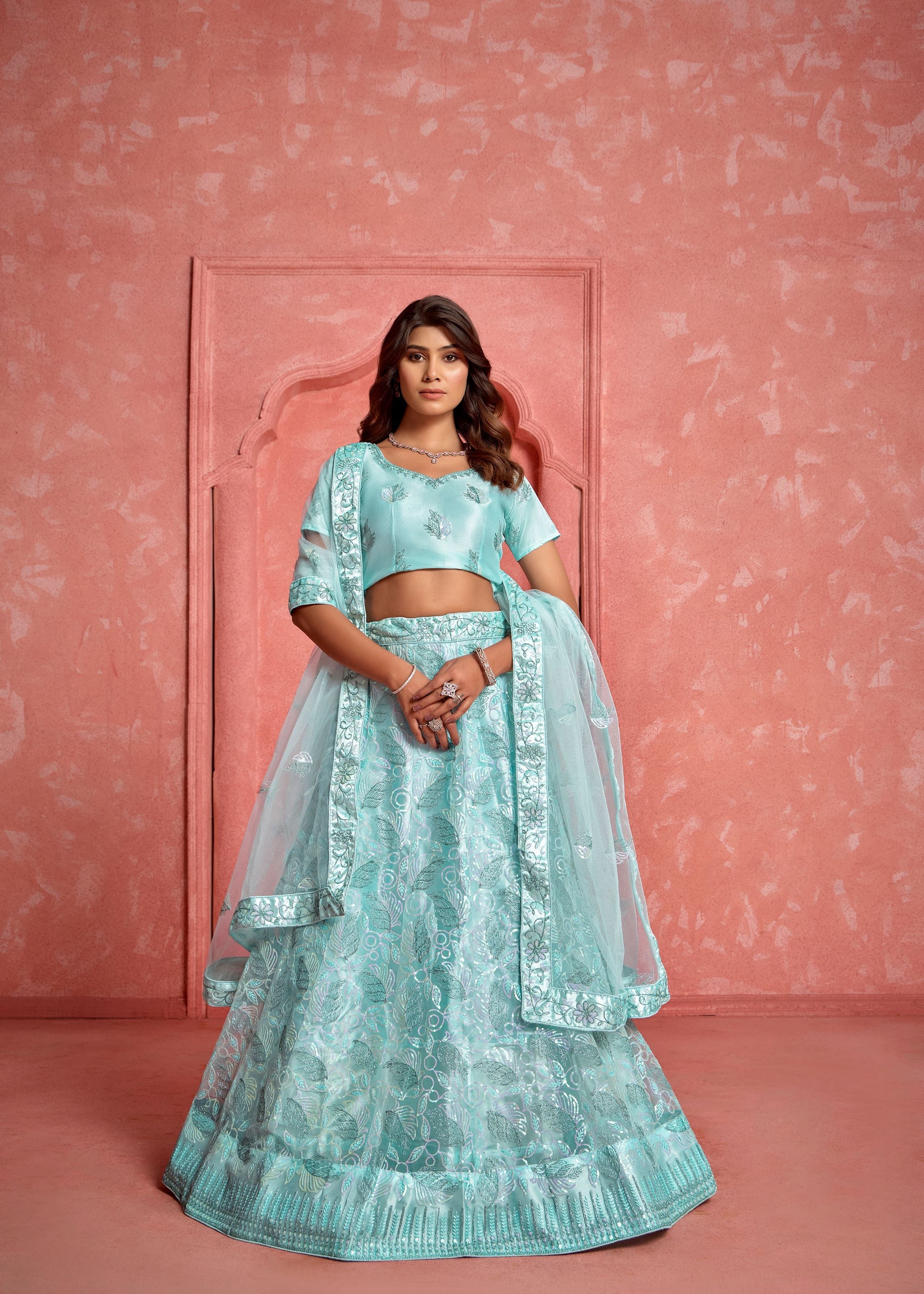 Baby Blue Net Lehenga with Light Sequin Embroidery