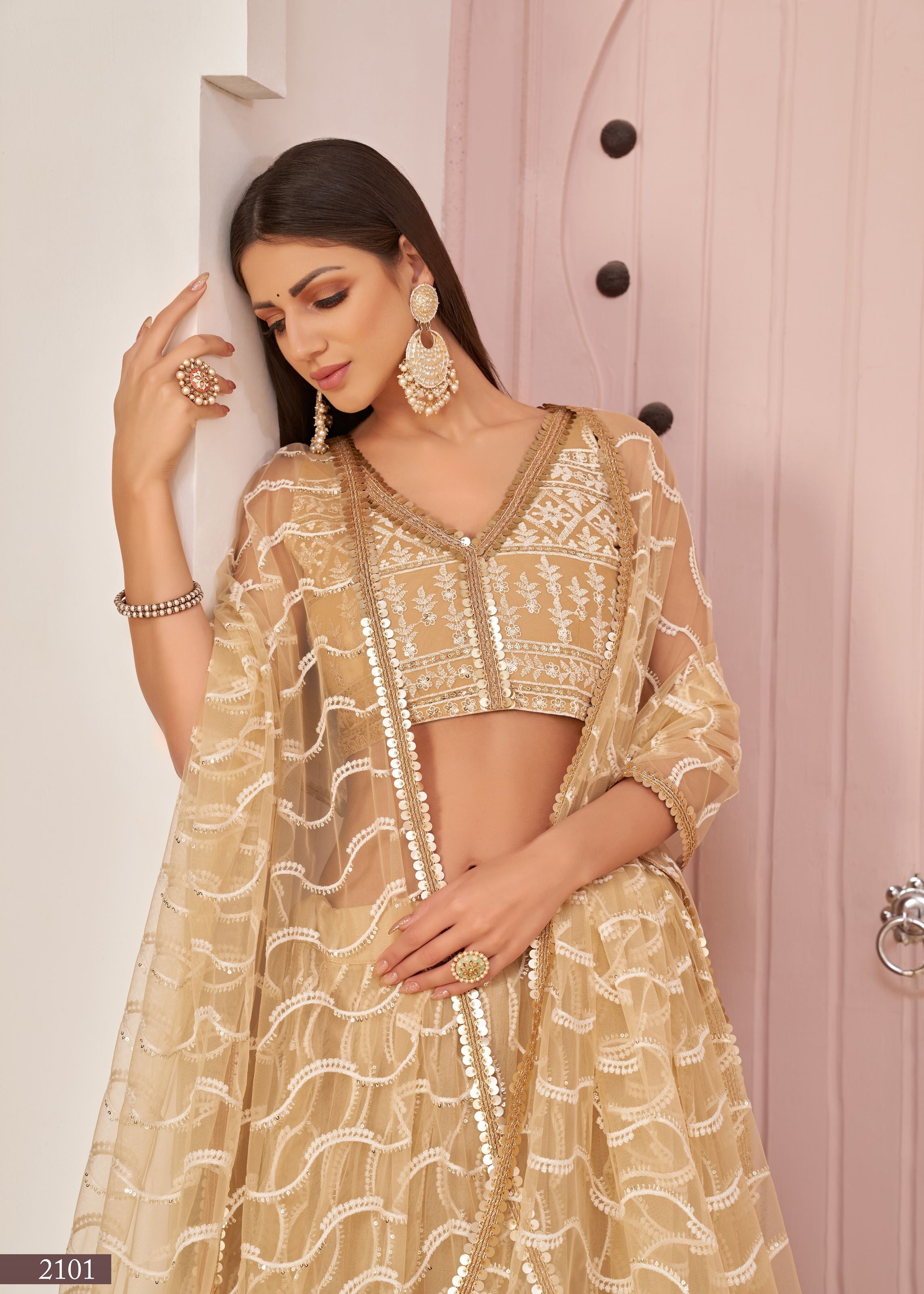 Beige Net Lehenga Choli With Thread Embroidery Work