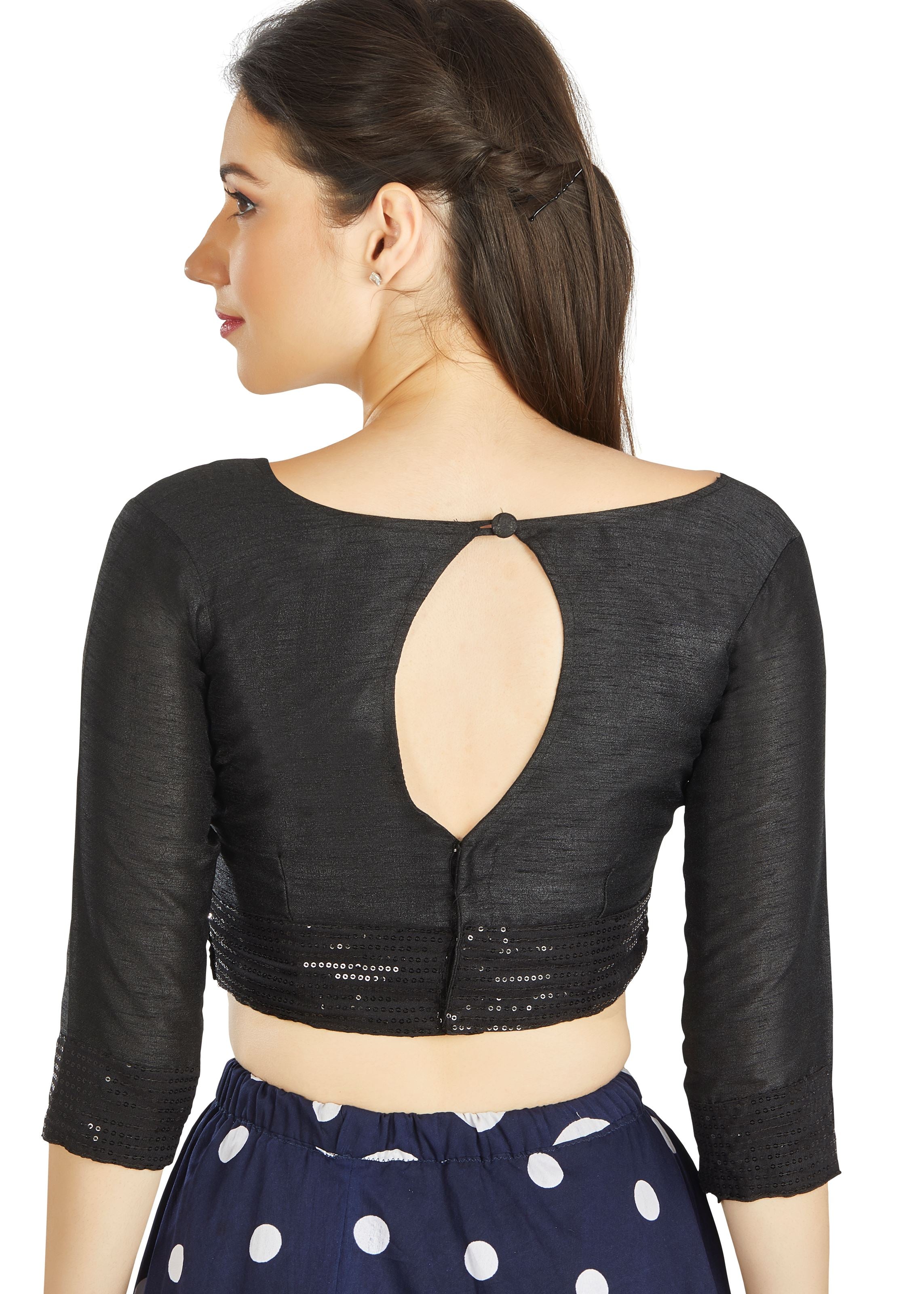 Black Art Silk Sweet Heart Neck Blouse With Sequence Border in Sleeves Or Weast