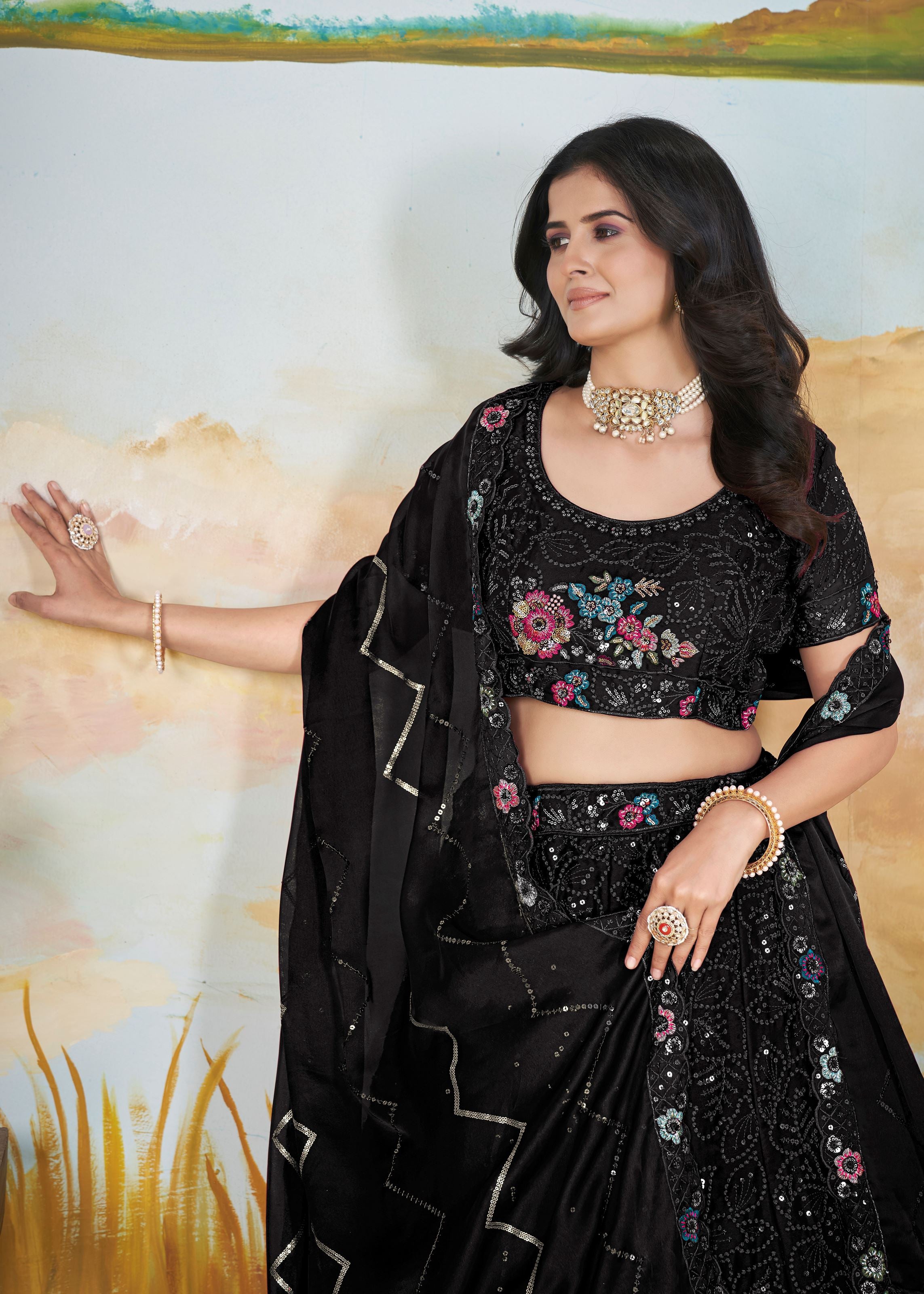 Black Chinnon Lehenga with Copper Sequins Multi Thread Embroidery