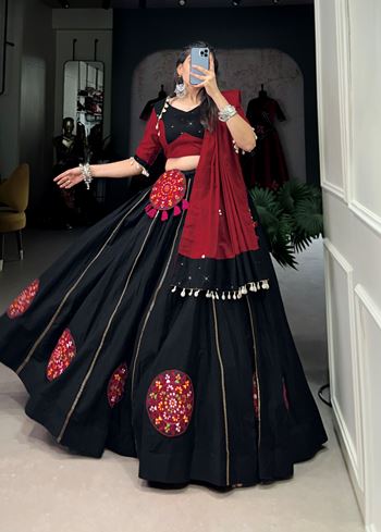 Black Cotton Lehenga Choli with Gamthi Patch and Gota Patti Touch-Up