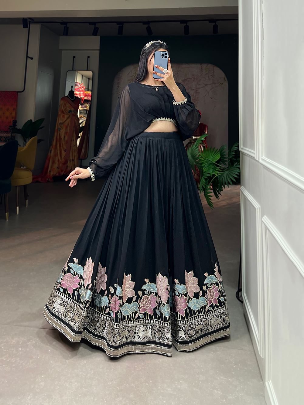 Black Grace Georgette Lehenga with Sequin Thread Detailing