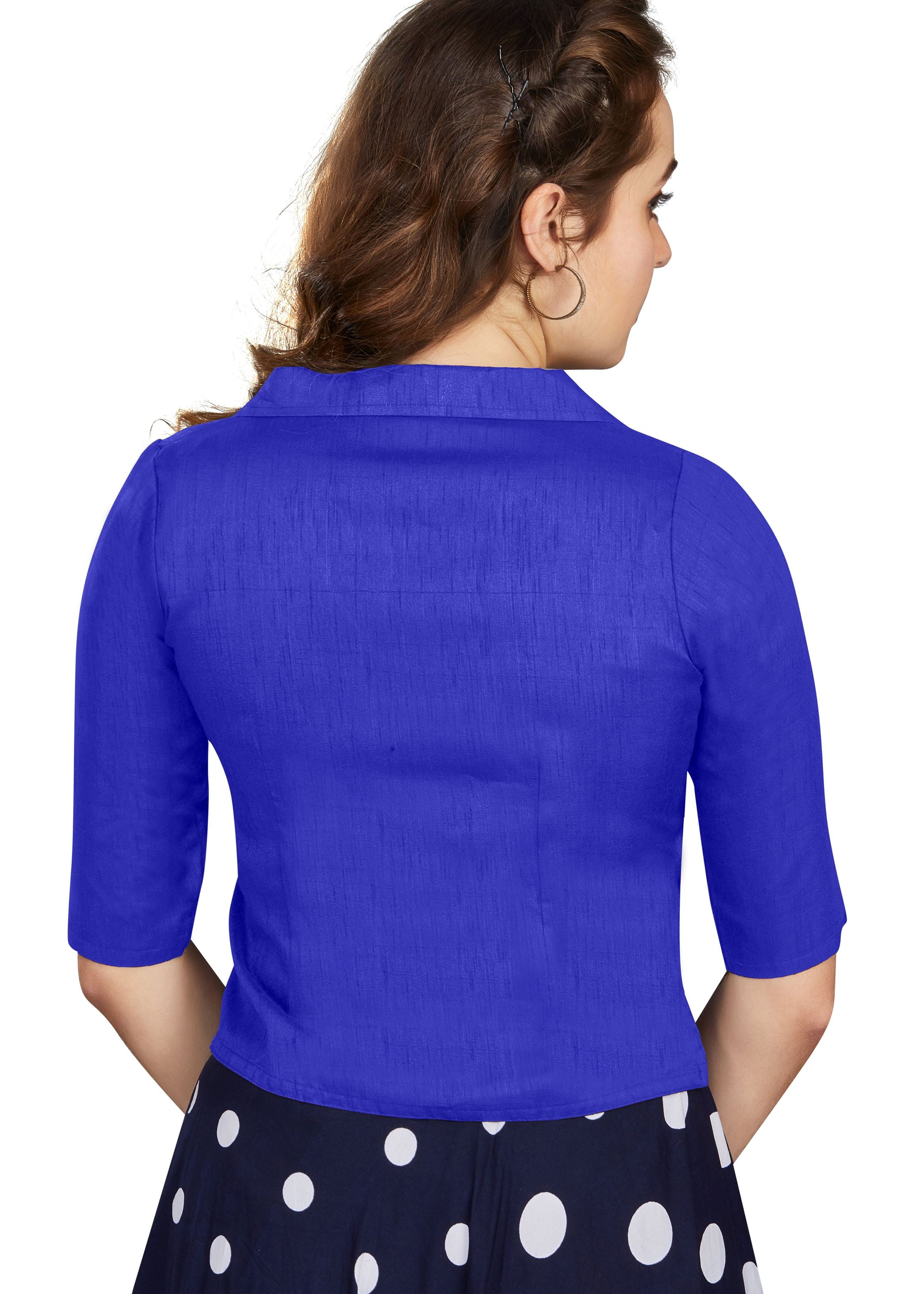 Blue Art Silk Collar Neck Plain Blouse