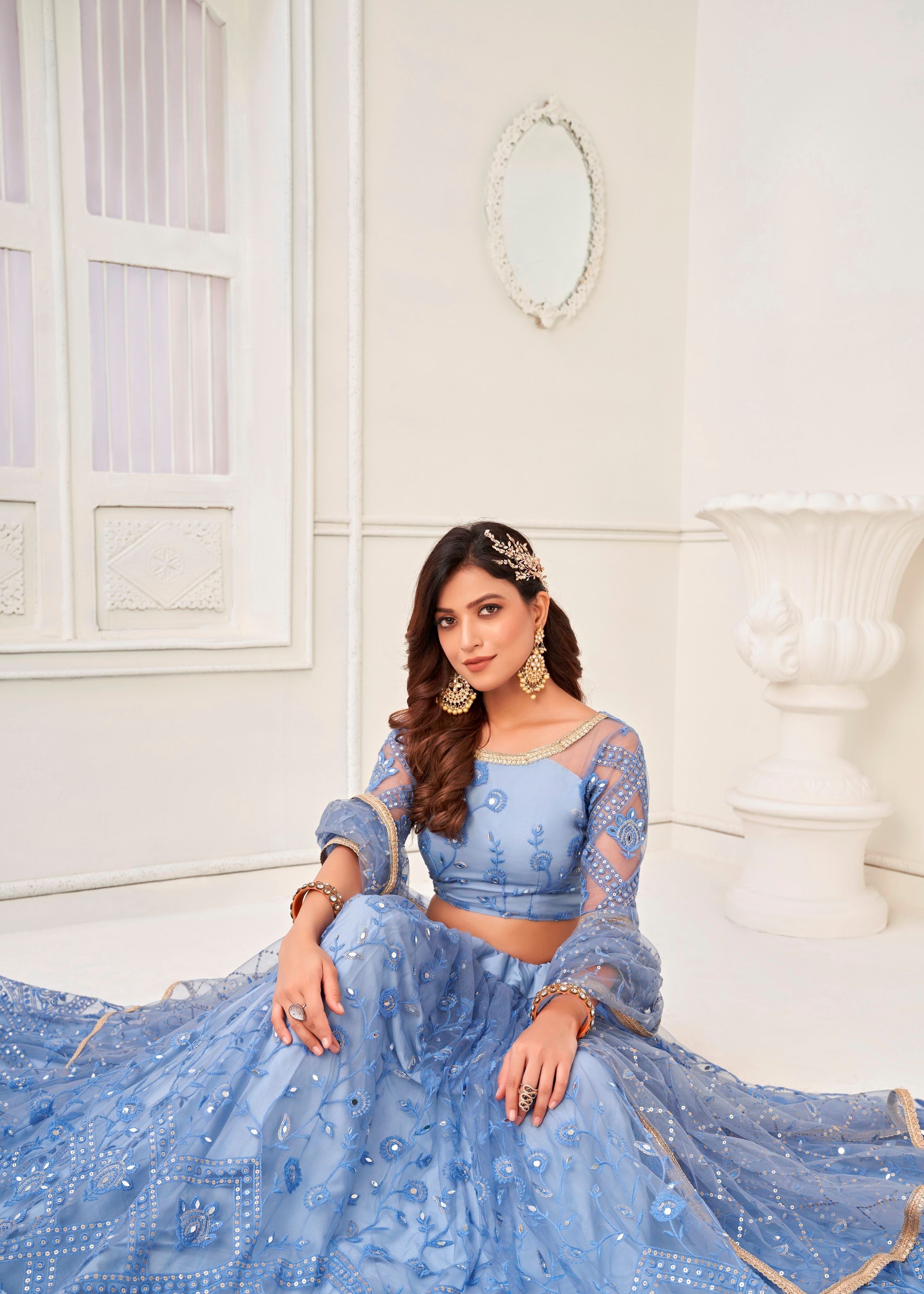 Blue Butterfly Net Lehenga Choli With Tone To Tone Thread Embroidery And Sequins Work
