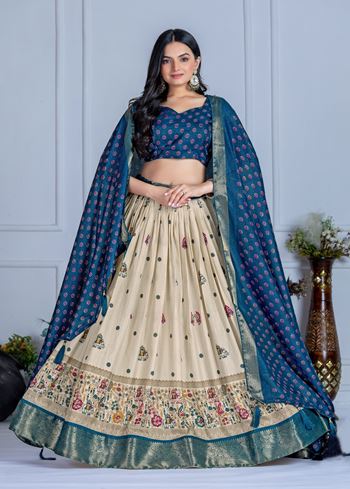 Blue Lehenga Choli With Jacquard With Jari Lining With Print