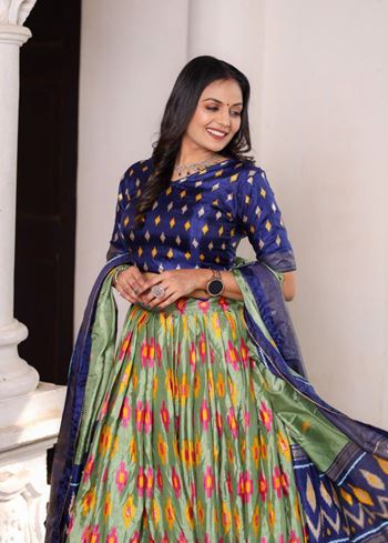 Blue Lehenga Choli With Patola Print and Foil Work Belt