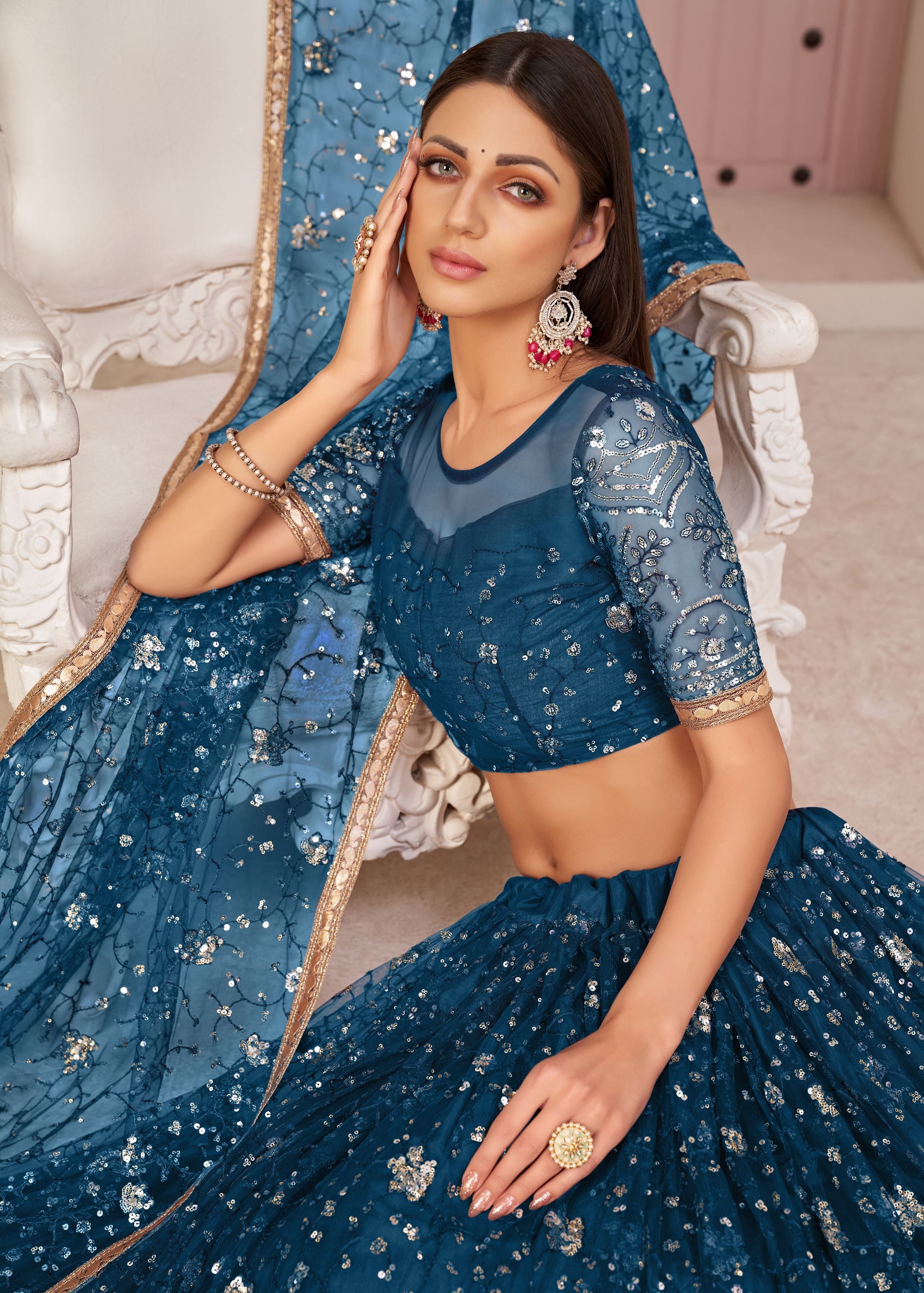 Blue Net Lehenga Choli With Thread Embroidery Work