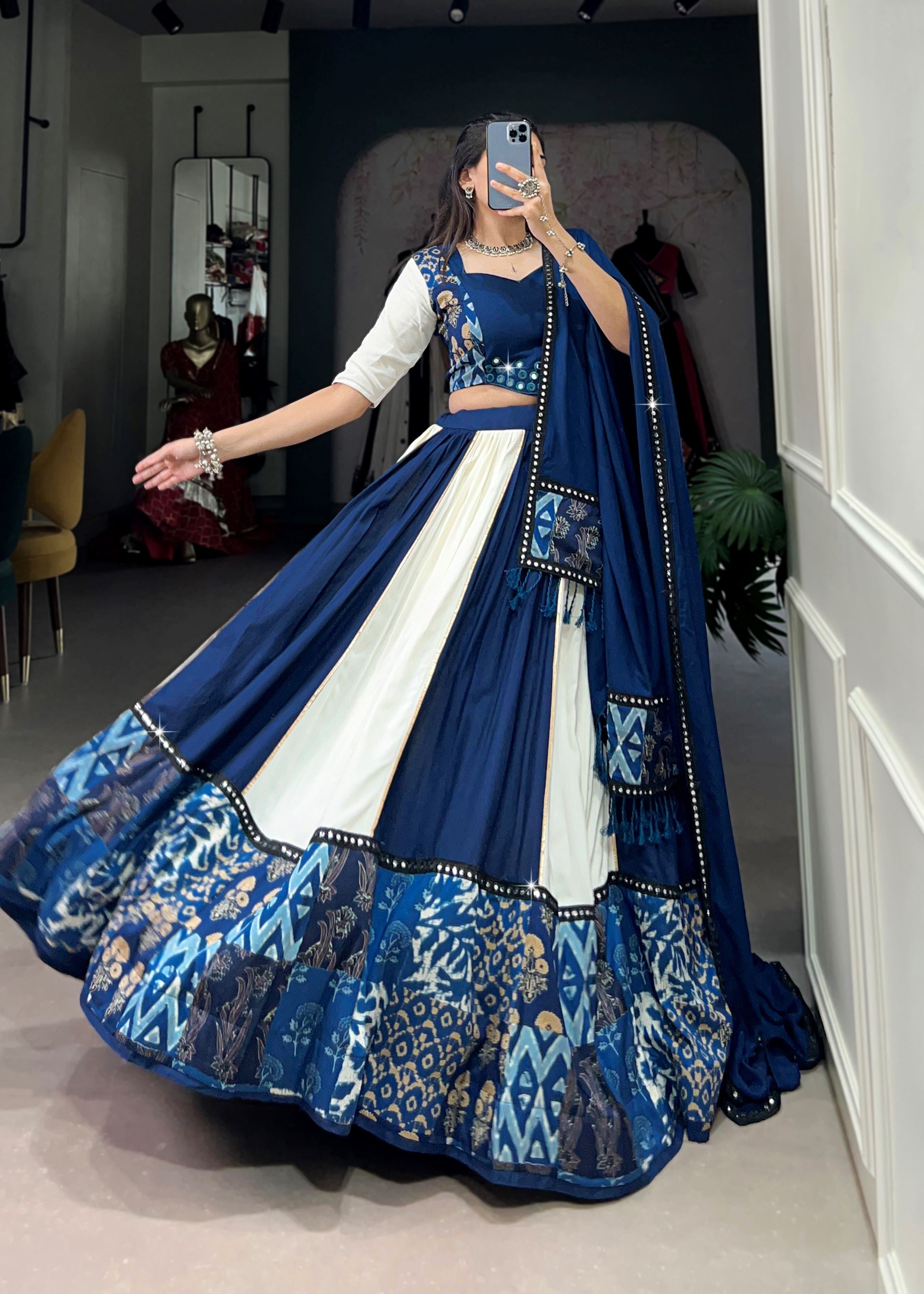 Blue Printed Plain Rayon Lehenga with Mirror Lace and Gota Patti Sparkle