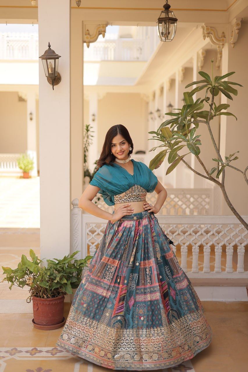 Blue Russian Silk Lehenga Choli With Digital Print With Foil Embroidery Work