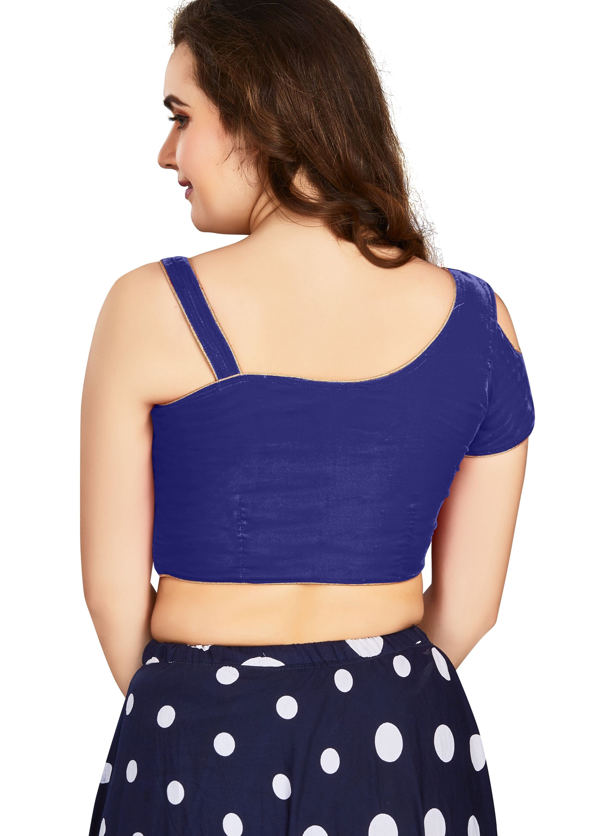 Blue Velvet Boat Neck Plain Blouse