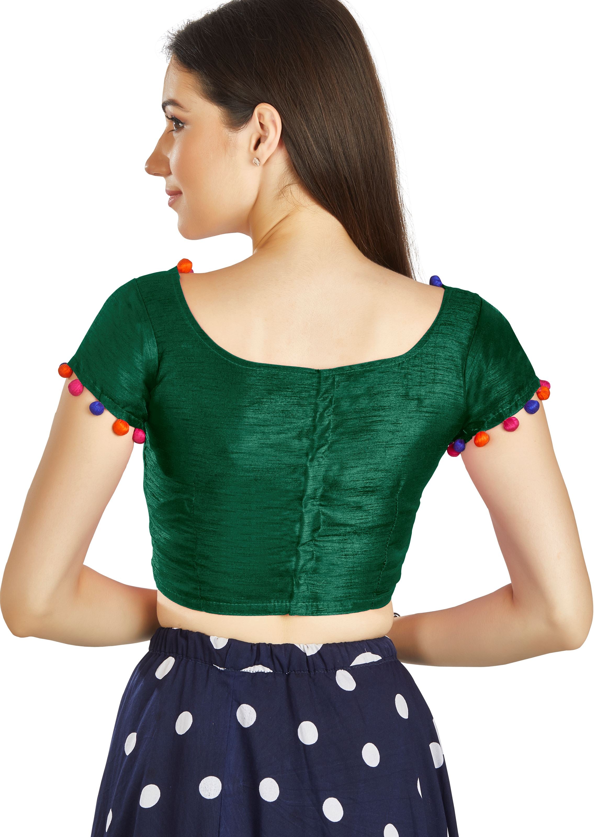 Bottal Green Art Silk Boat Neck Blouse With Potli Design In Neck Or Sleeve