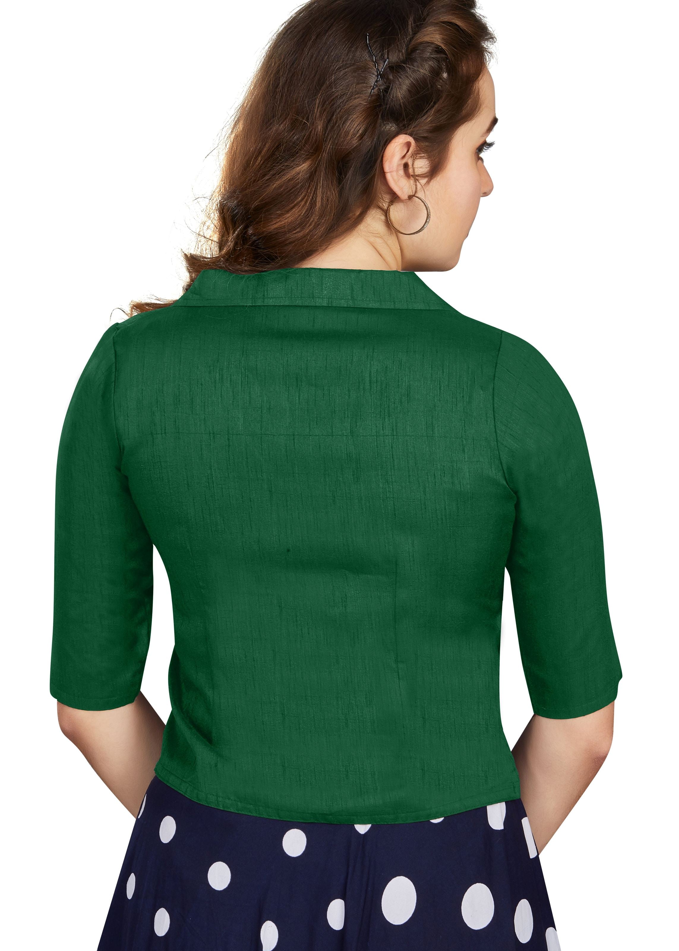 Bottle Green Art Silk Collar Neck Plain Blouse