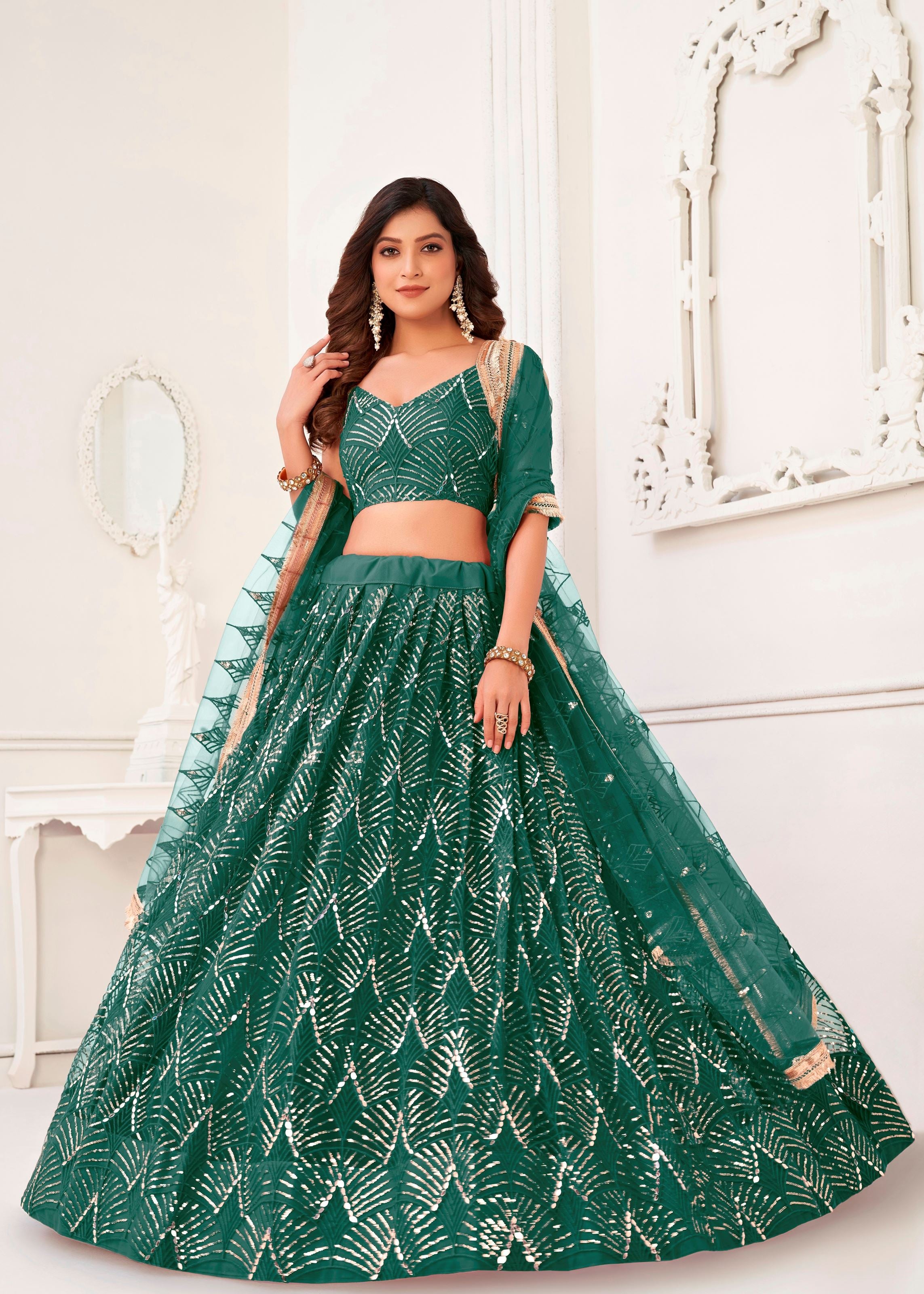 Bottlegreen Net Lehenga Choli With Thread Embroidery Real Mirror Work