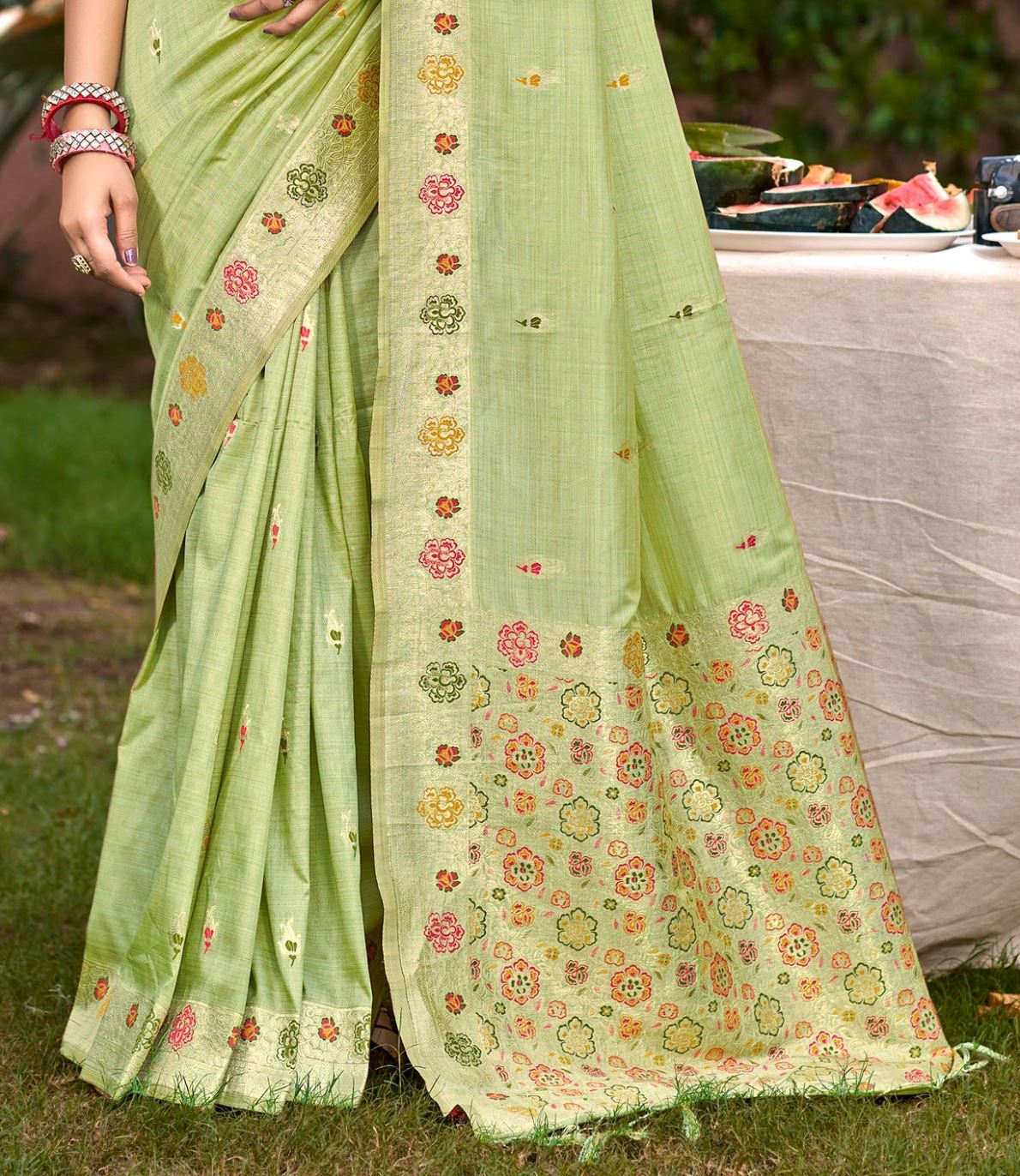 Celestial Light Green Assam Silk Meenakari Festival Saree