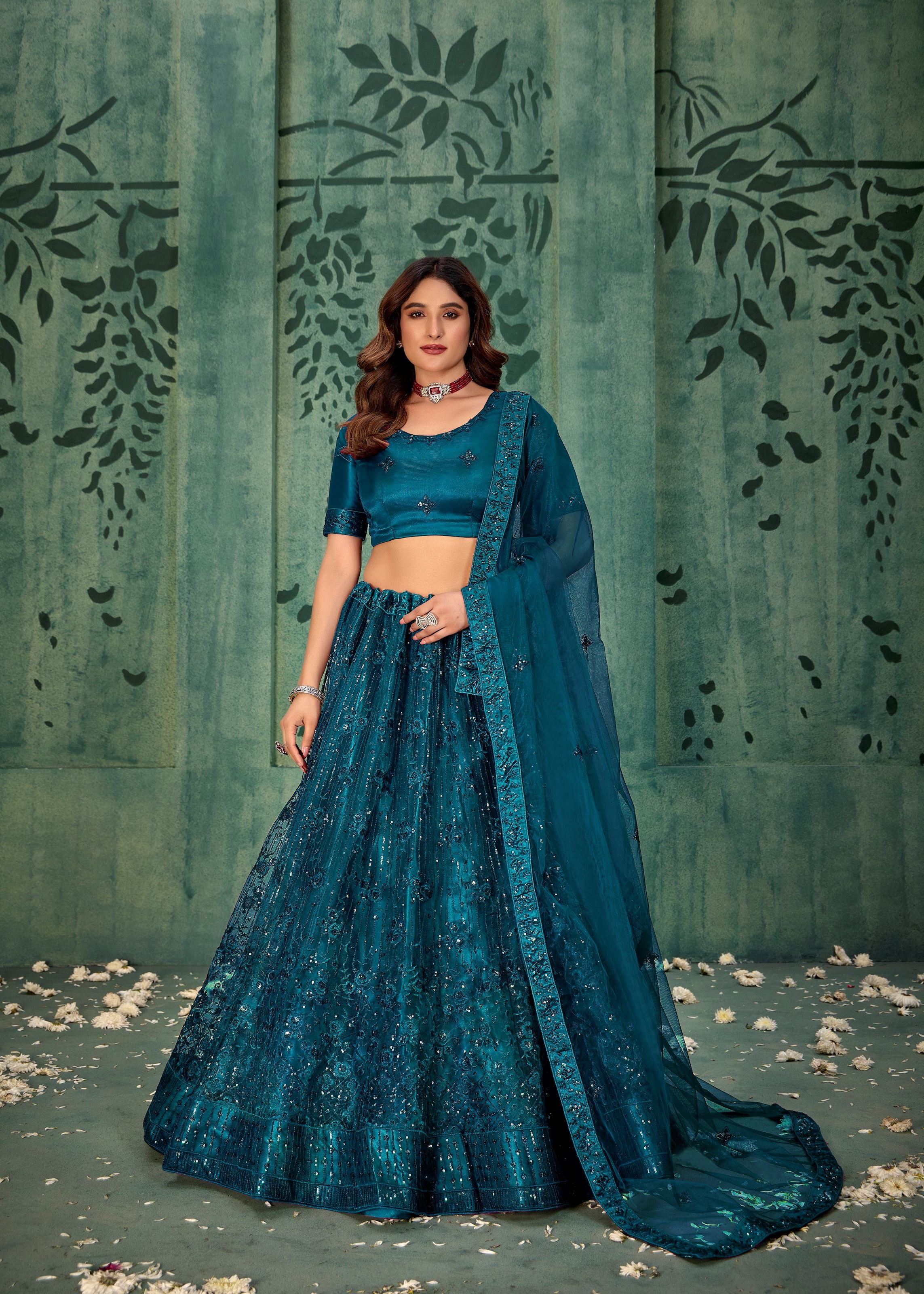 Crystal Teal Net Lehenga with Stylish Sequin Detailing