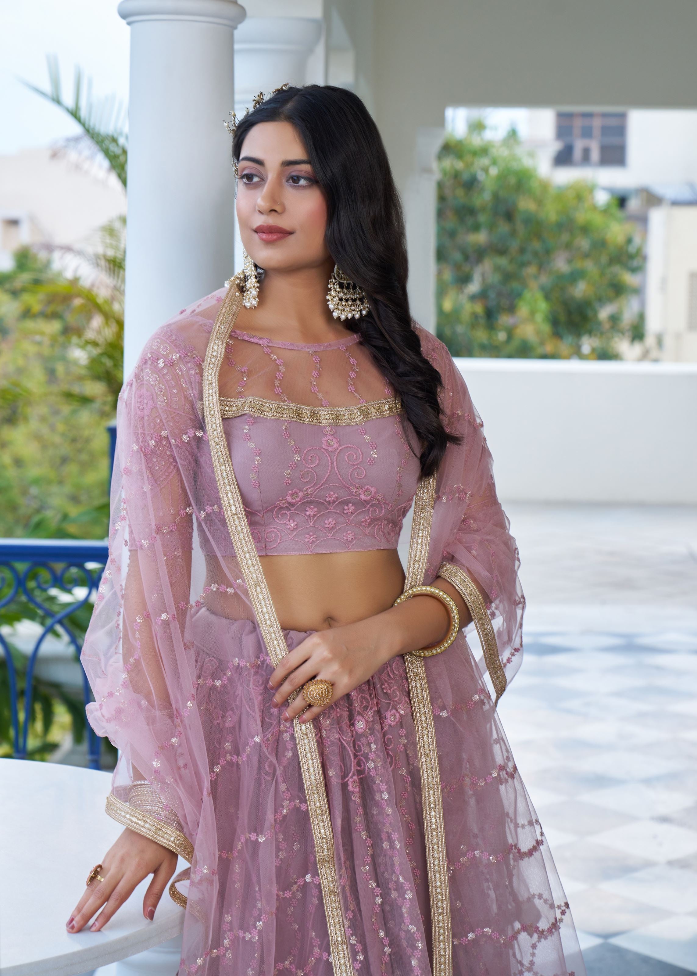 Dustypink Net Lehenga Choli With Thread Embroidery Work