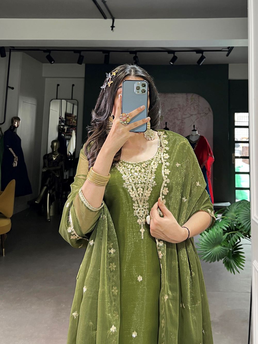 Embroidered Salwar Suit with Lustrous Sequin Accents