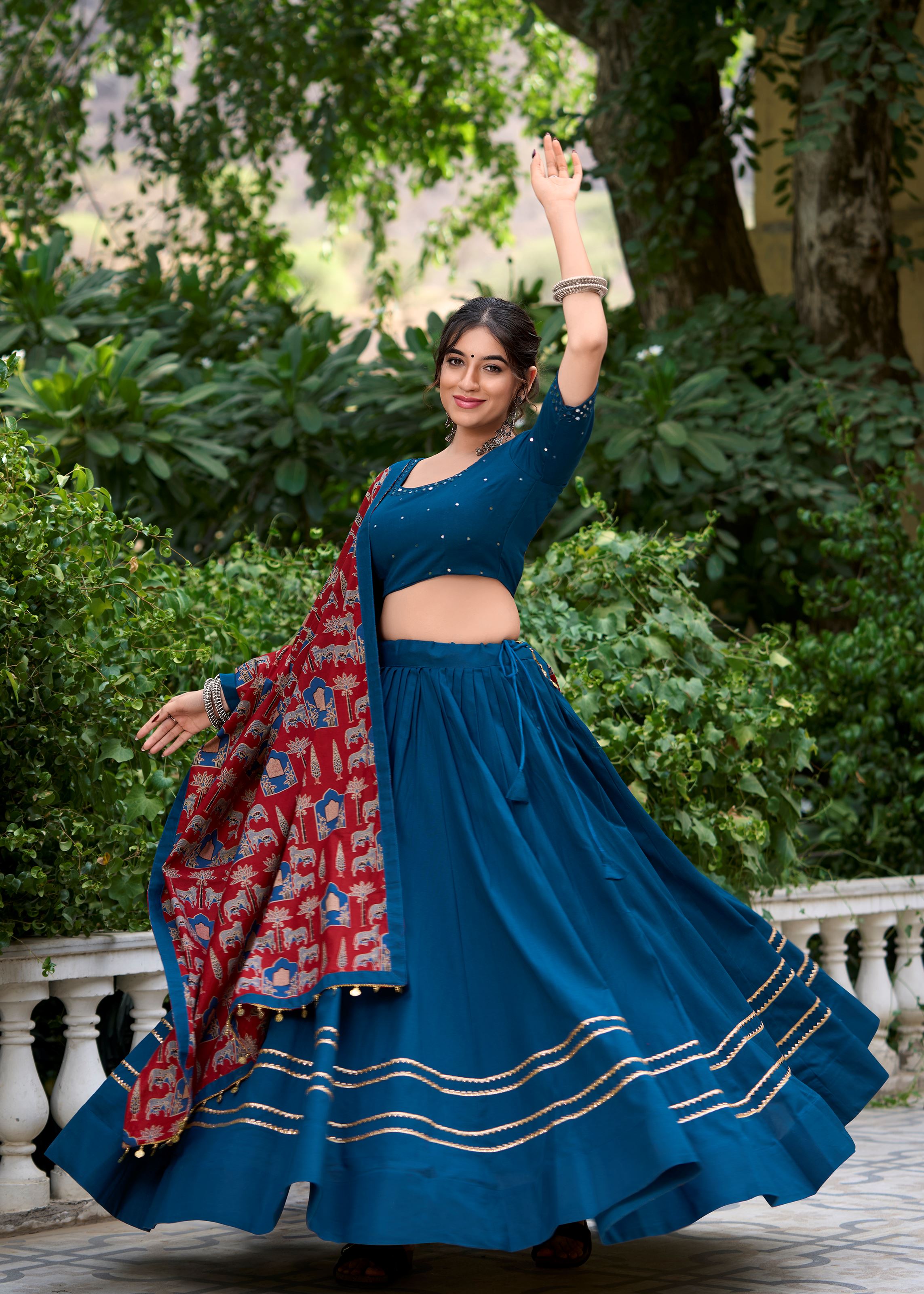 Ferozi Pure Cotton Plain Lehenga Choli Accented with Subtle Gota Patti Elegance