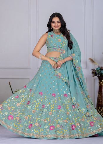 Firozi Lehenga Choli With Embroidery With Multi Thread Sequence Work