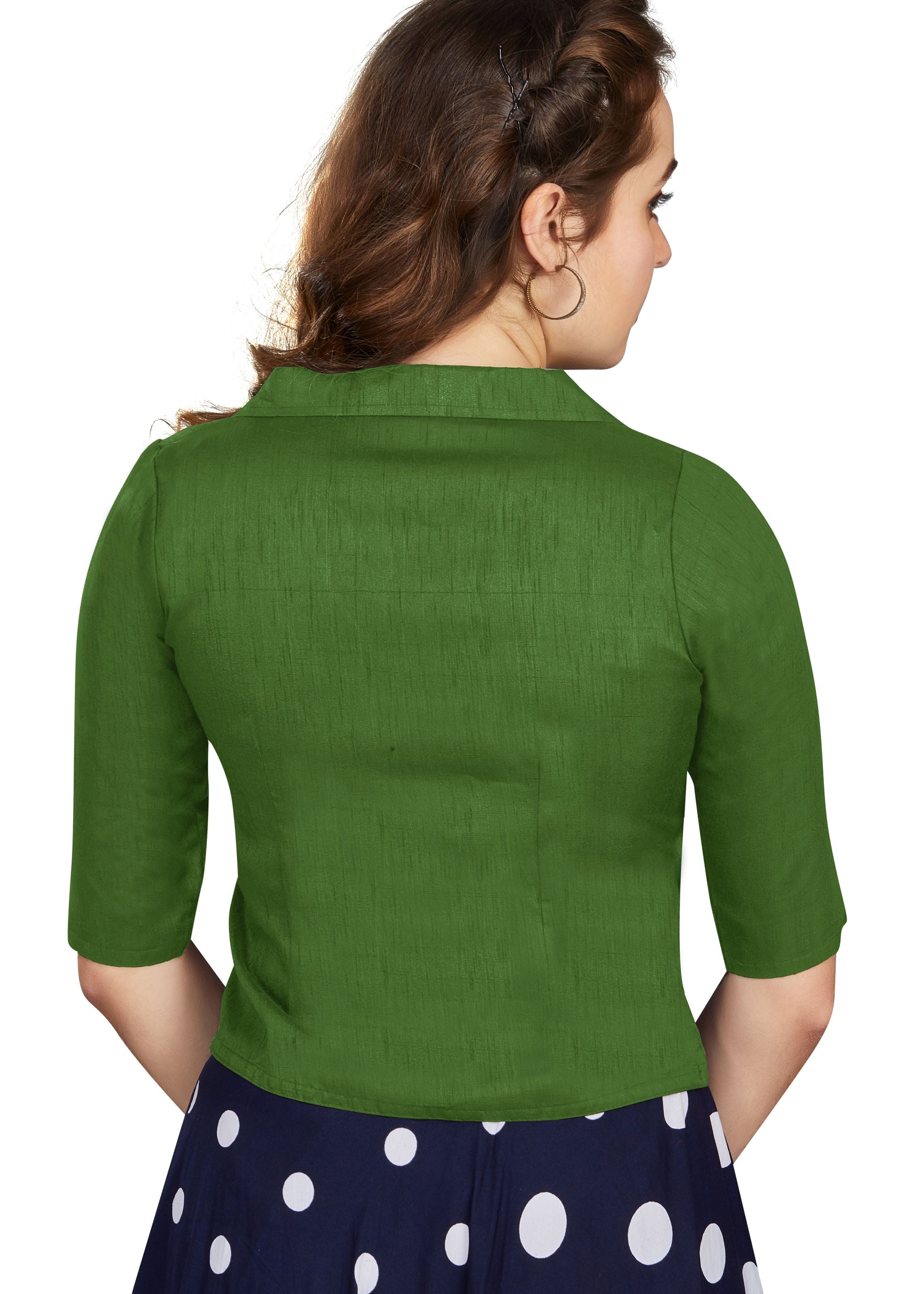 Green Art Silk Collar Neck Plain Blouse