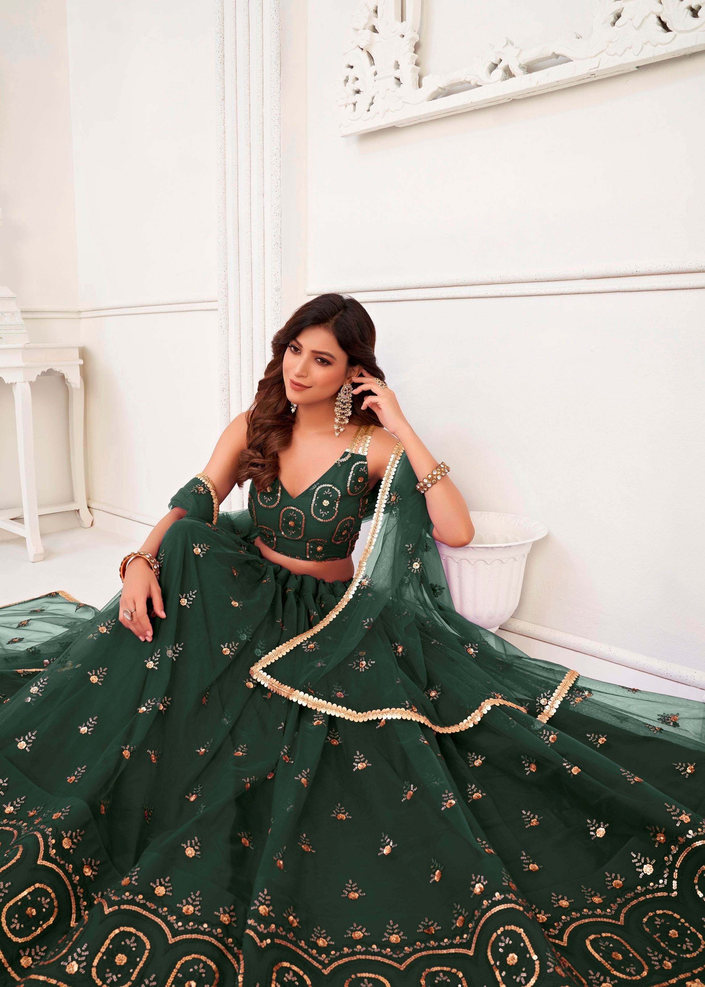 Green Butterfly Net Lehenga Choli With Thread And Zari Sandwich Sequence Embroidery Work