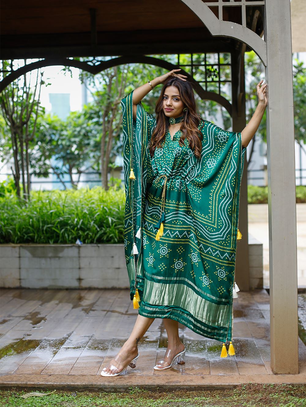 Green Color Pure Gaji Silk Kaftan with Gotta Patti Tassels