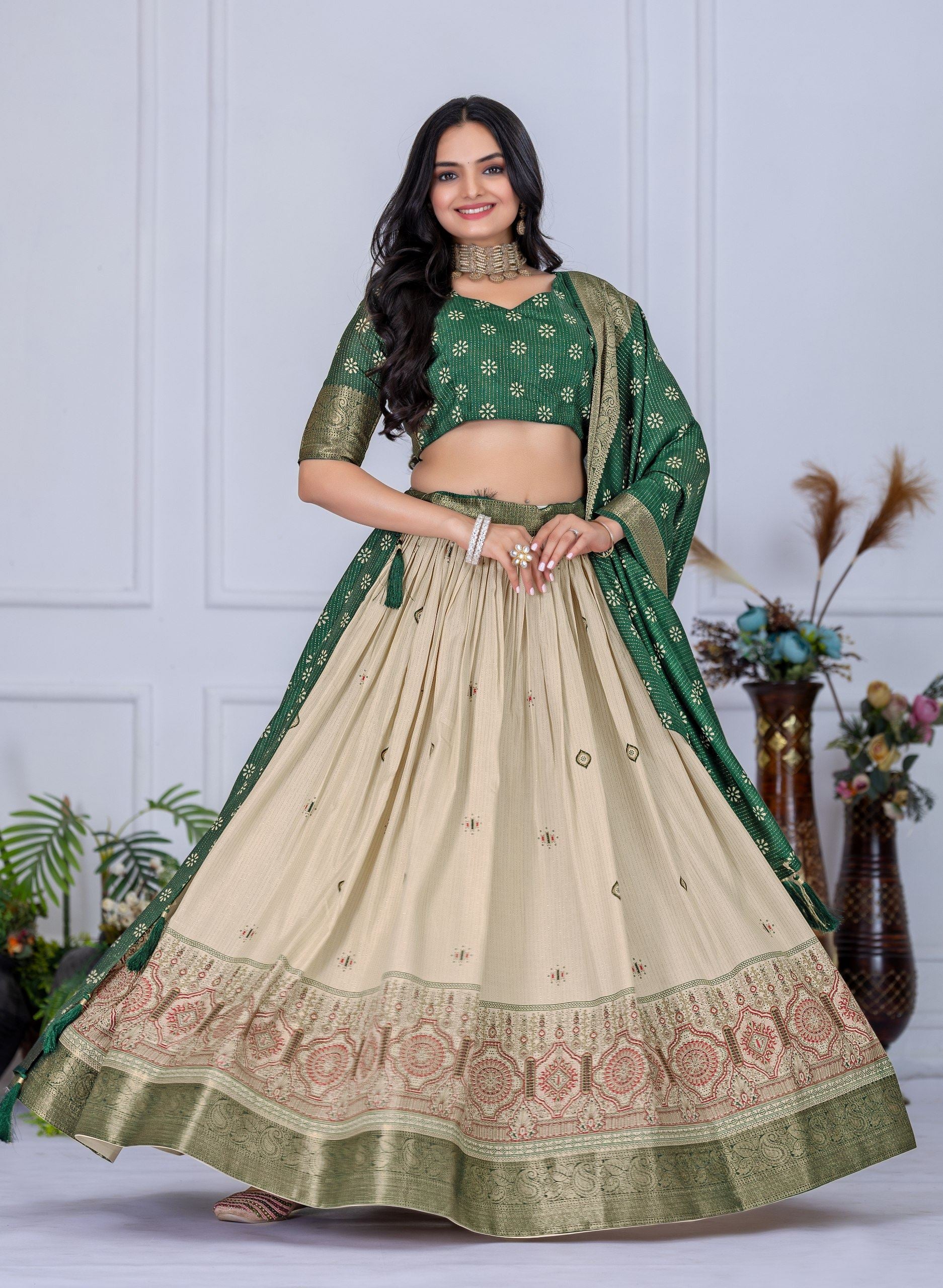 Green Lehenga Choli with Jacquard Jari Lining and Printed Detailing
