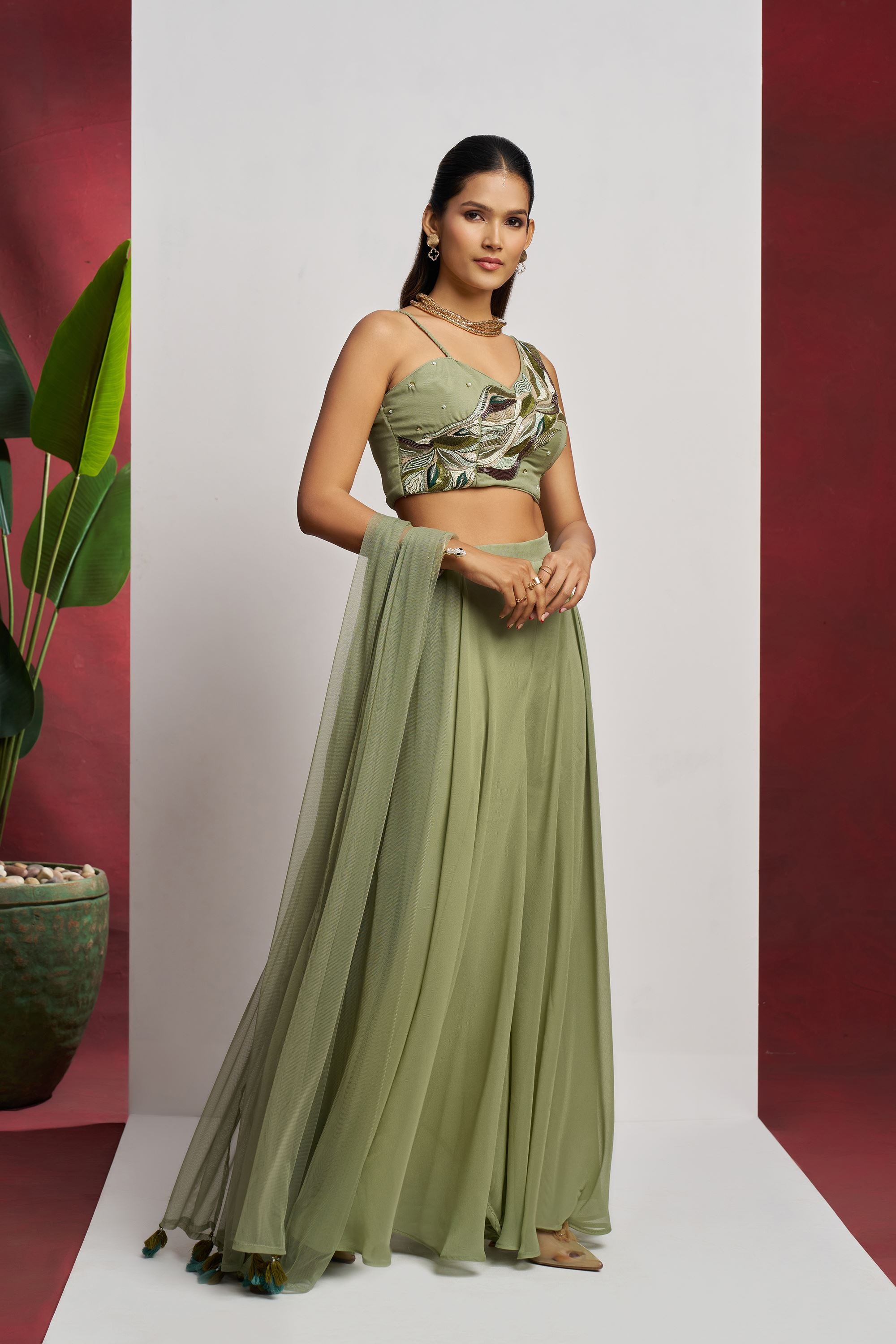 Green Lehenga Choli With Khatli Work