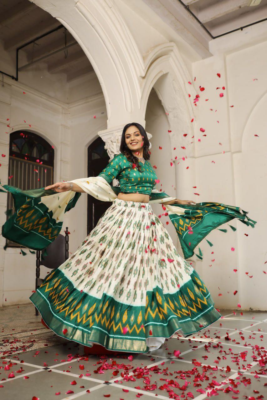 Green Lehenga Choli With Patola Print and Foil Work Belt