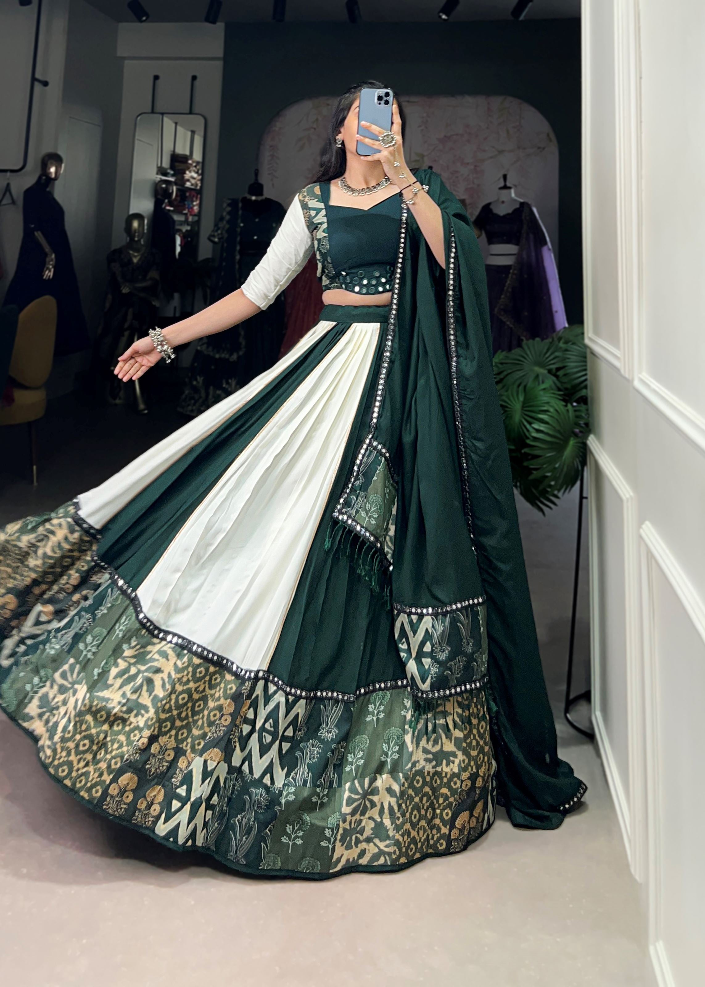 Green Cotton Lehenga Choli with Printed Grace & Cowrie Lace Beauty