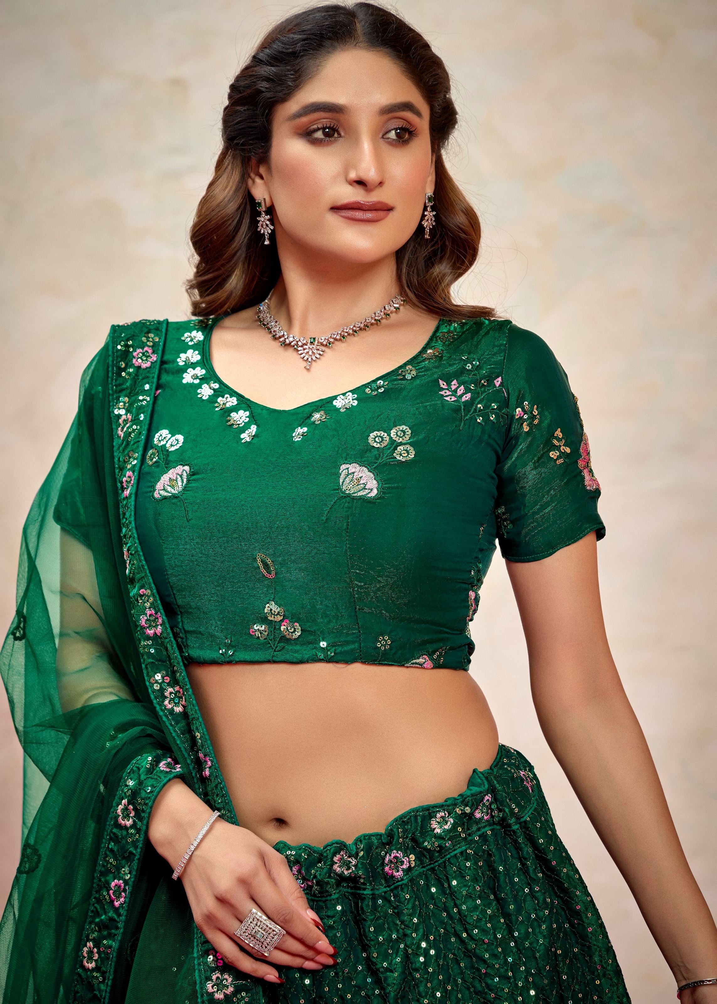 Green Silk Blend Lehenga with Modern Sequence Work