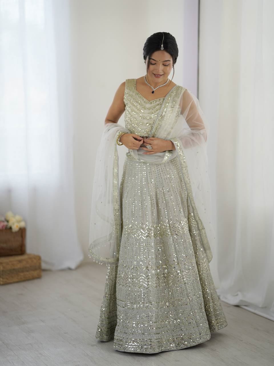 Grey Lehenga Choli With Sequins & Dori Work