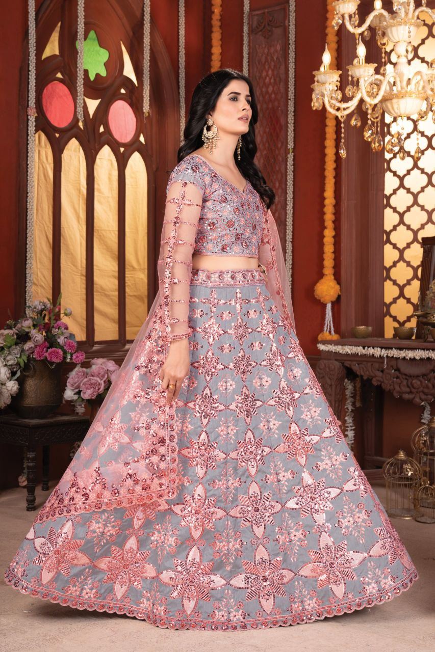 Grey Lehenga Choli With Thread Embroidery And Heavy Sequins Work