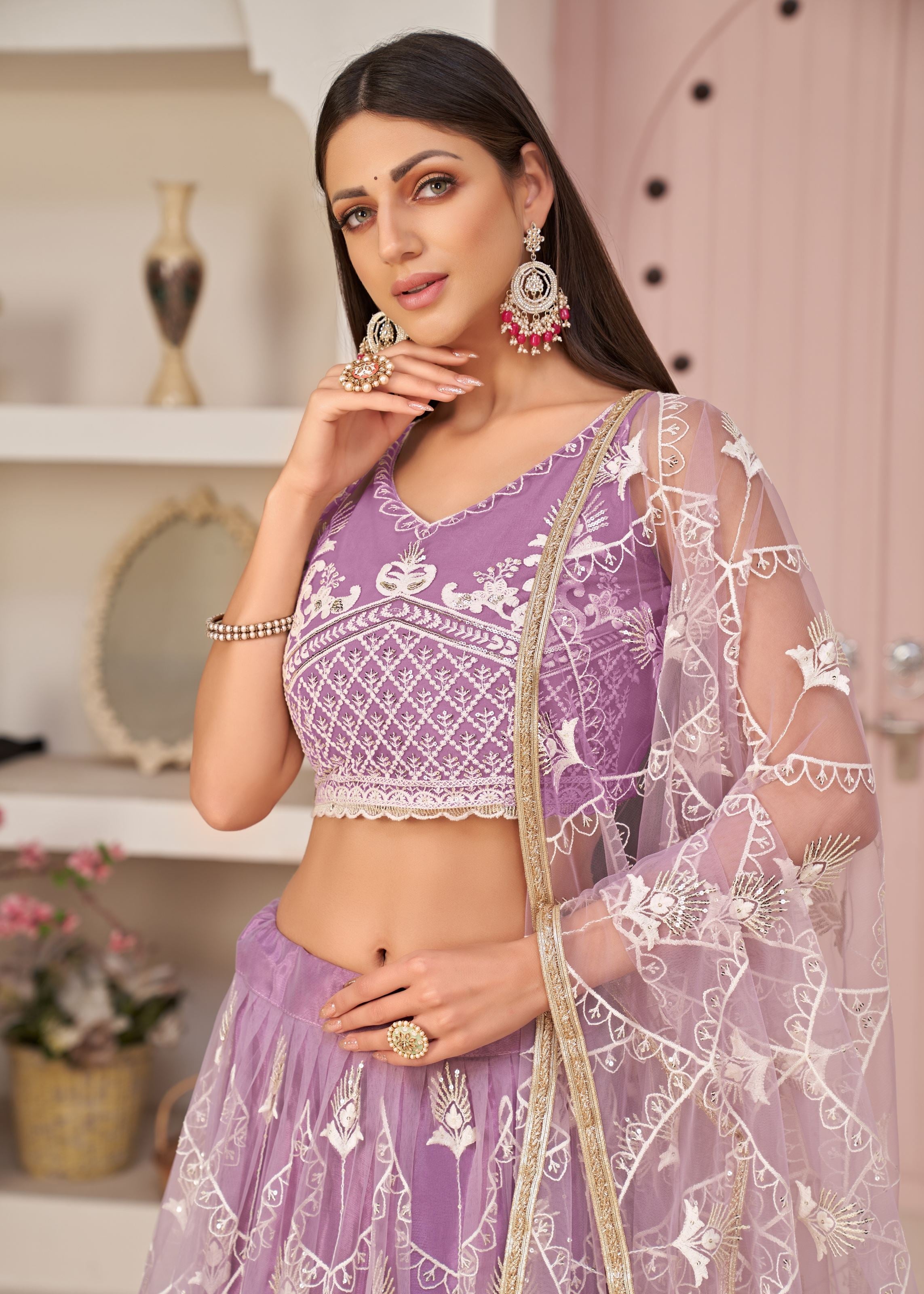 Lavender Net Lehenga Choli With Thread Embroidery Work