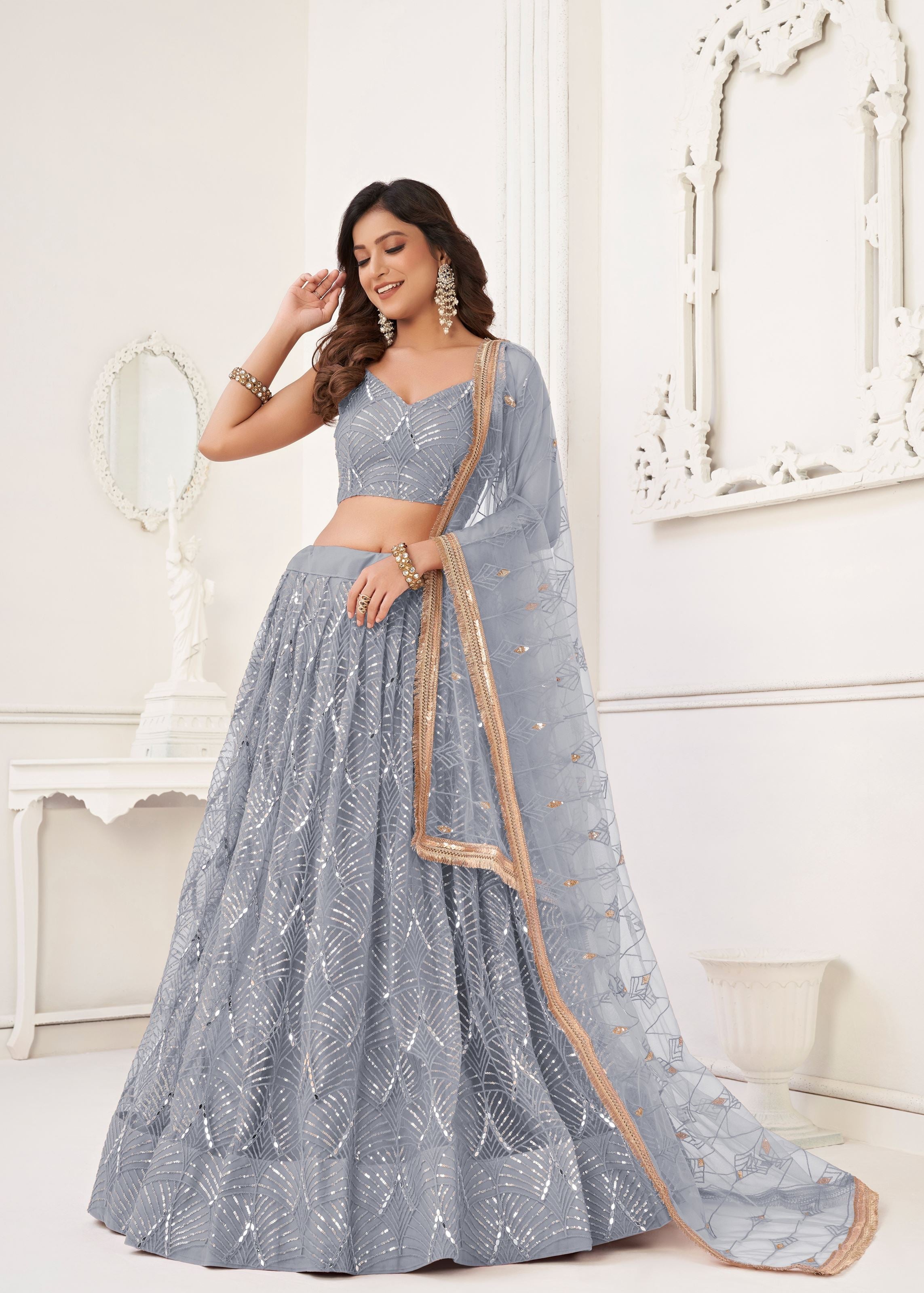 Light Grey Net Lehenga Choli With Thread Embroidery Real Mirror Work