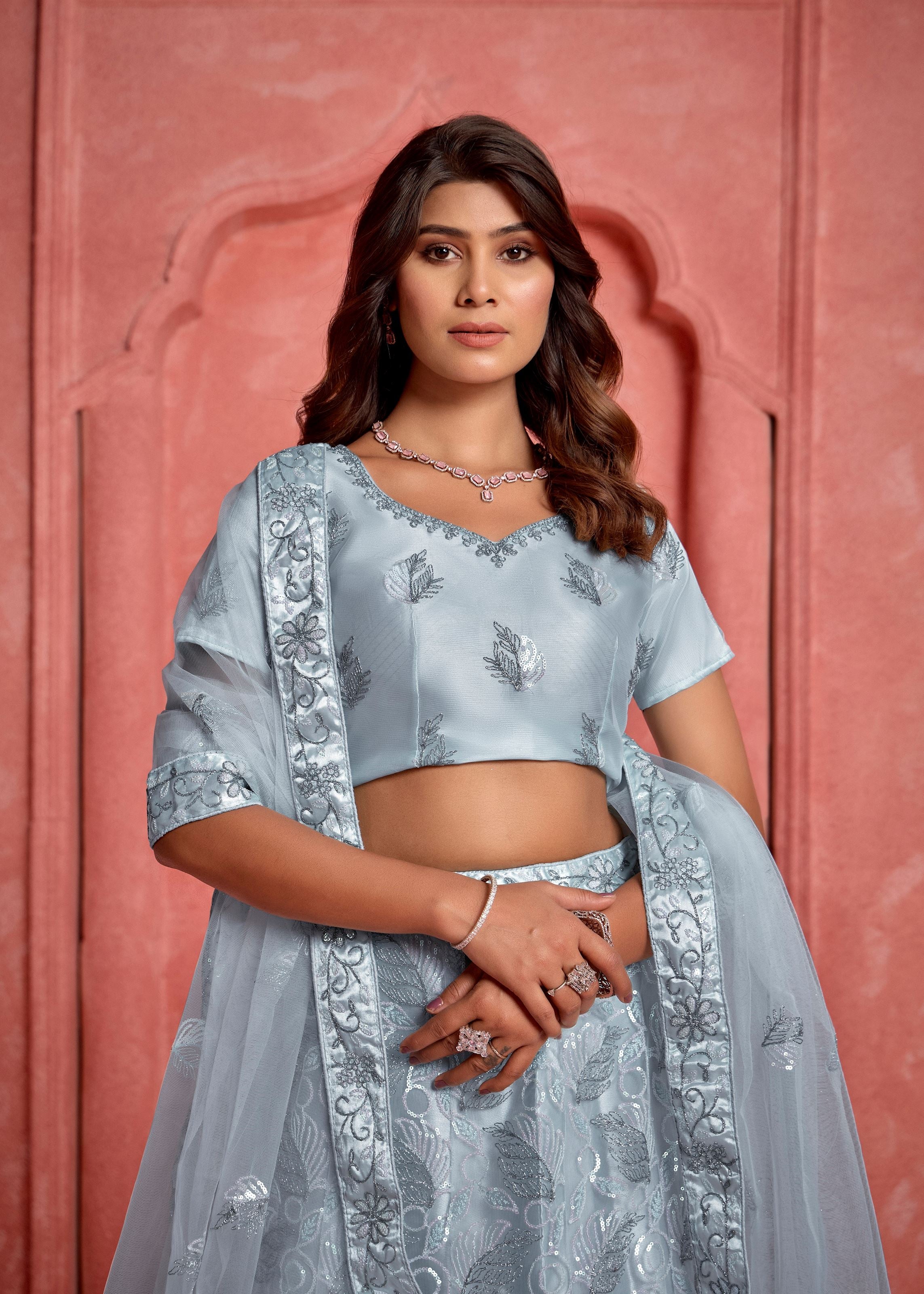 Light Grey Net Lehenga with Sequence Thread Work