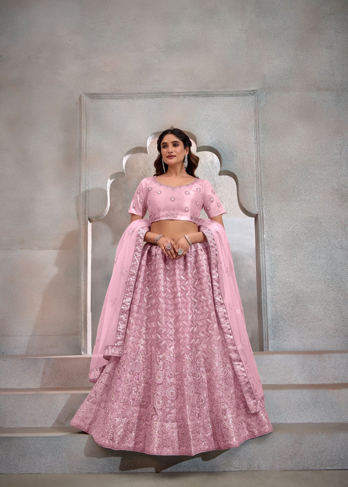 Pink Net Lehenga with Trendy Sequin Design