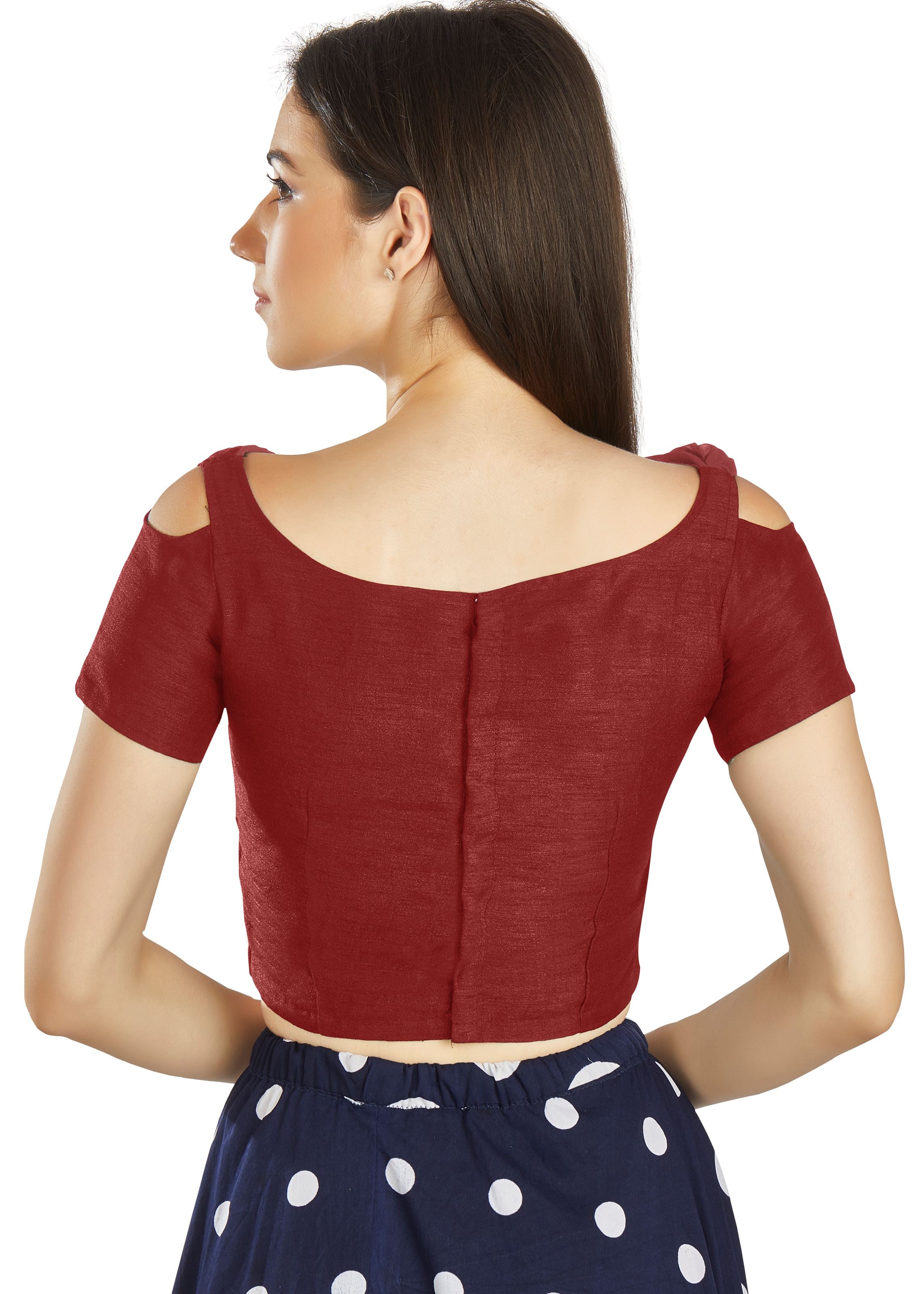 Maroon Art Silk V Neck Blouse With Frill neck Work